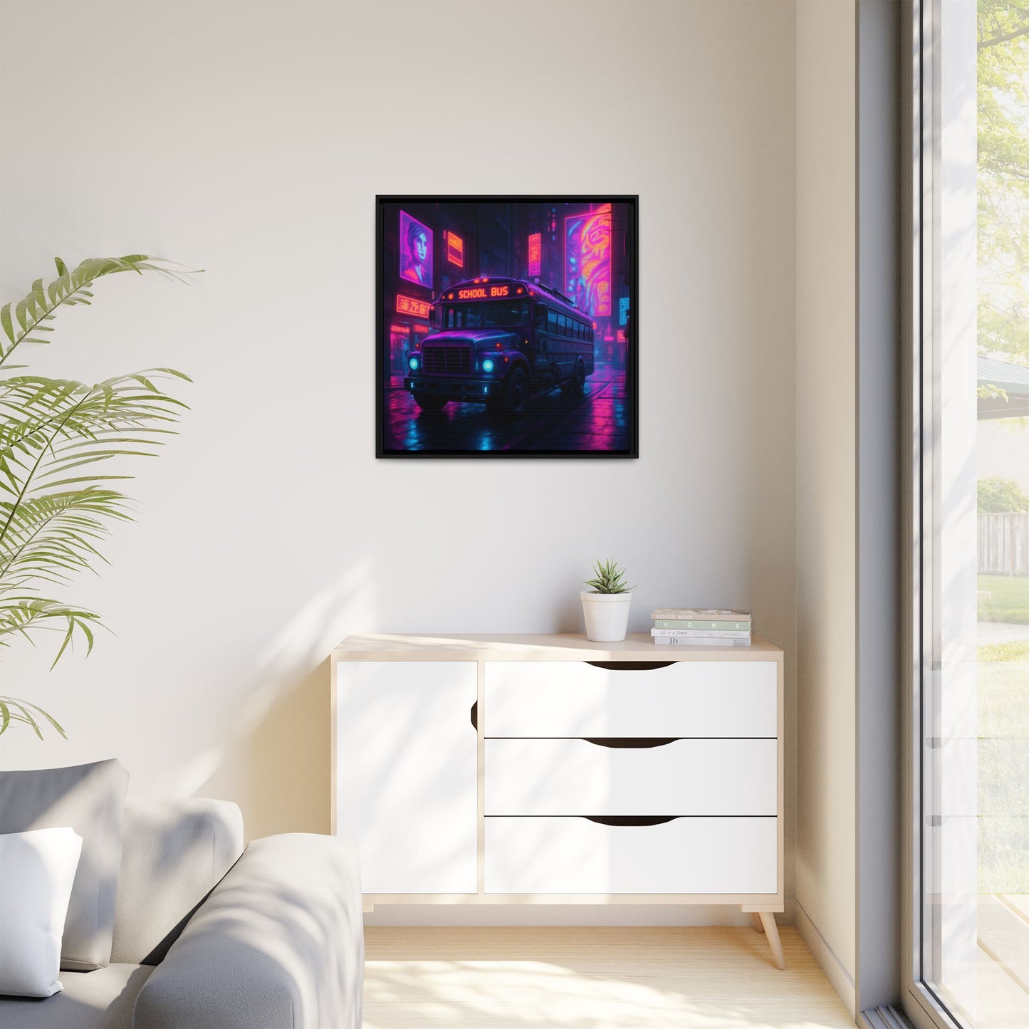 Neon School Bus City Framed Matte Canvas