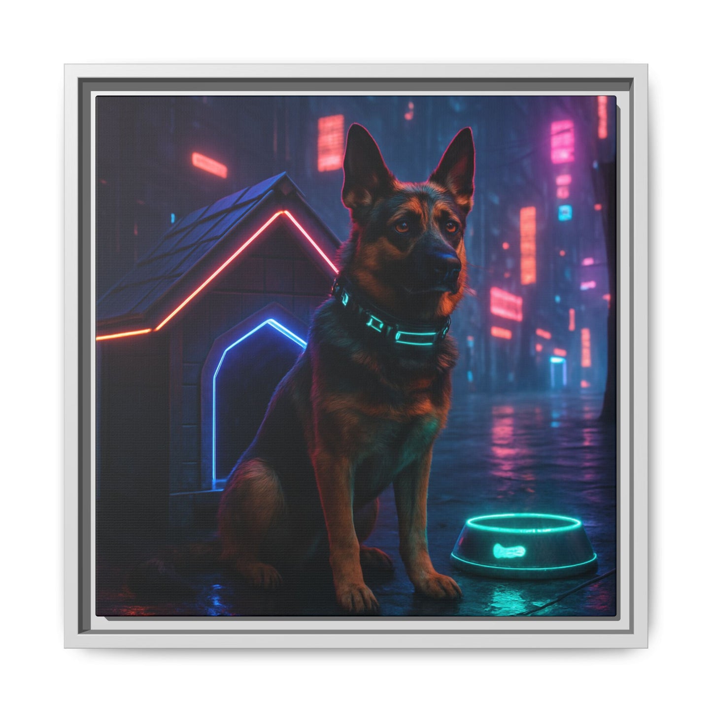Neon City Dog Framed Matte Canvas