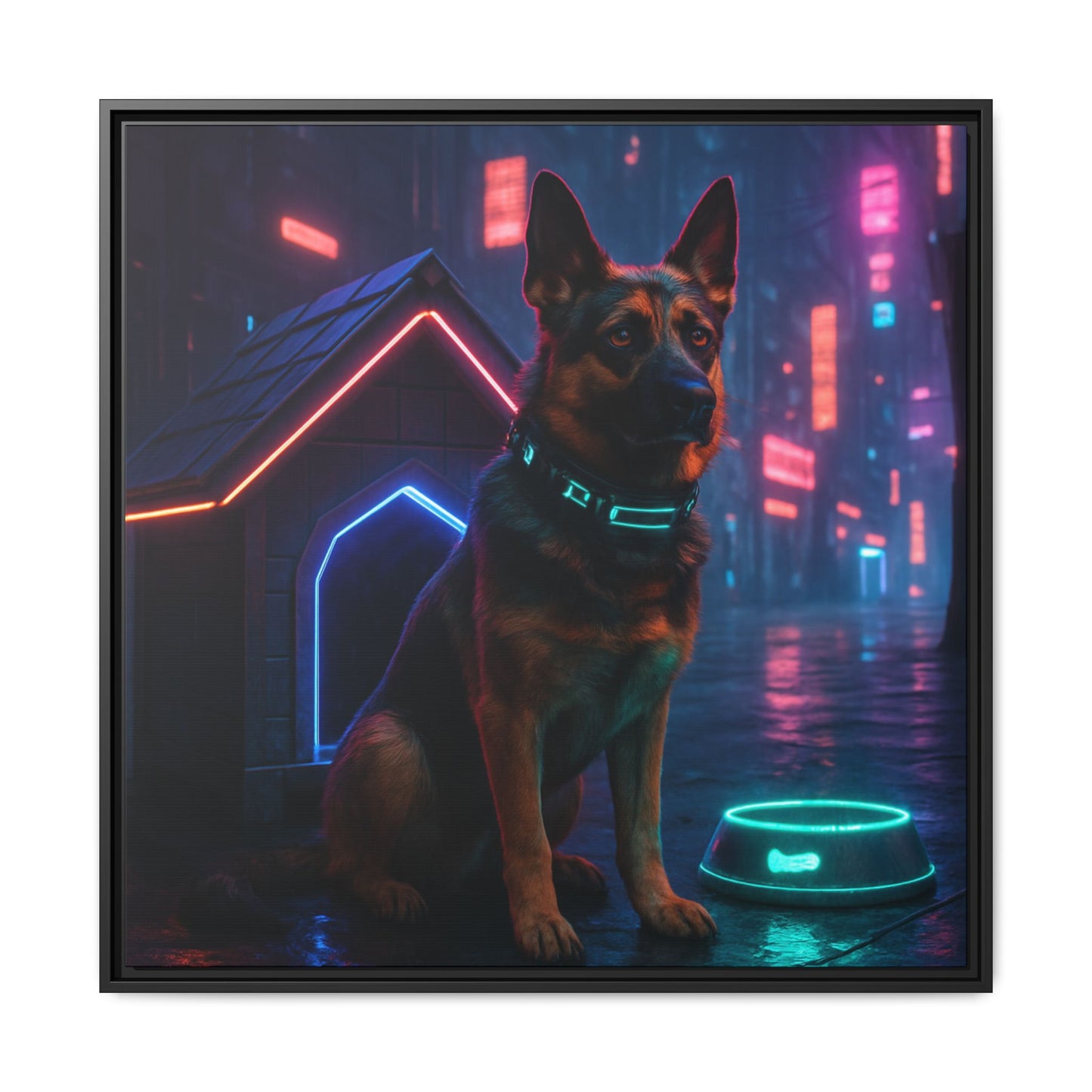 Neon City Dog Framed Matte Canvas