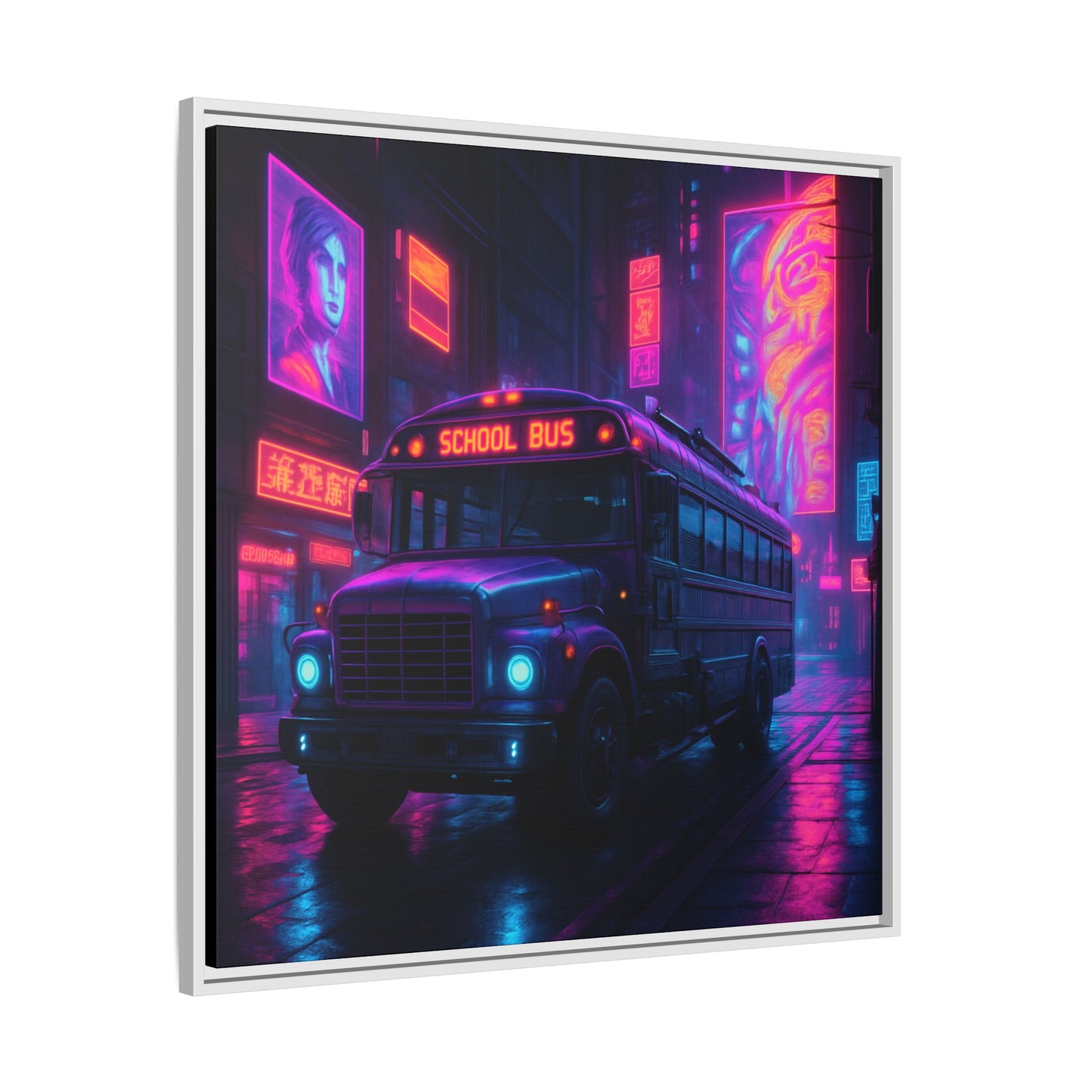 Neon School Bus City Framed Matte Canvas