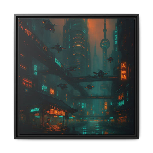 Neon Drone Cityscape Framed Matte Canvas