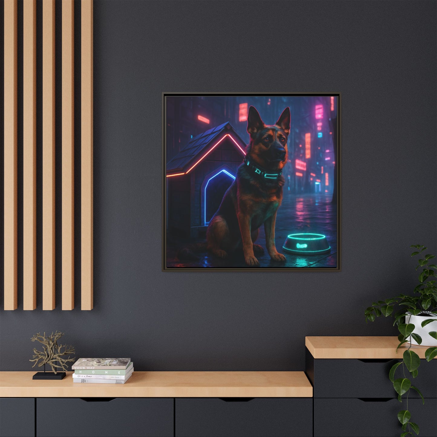 Neon City Dog Framed Matte Canvas