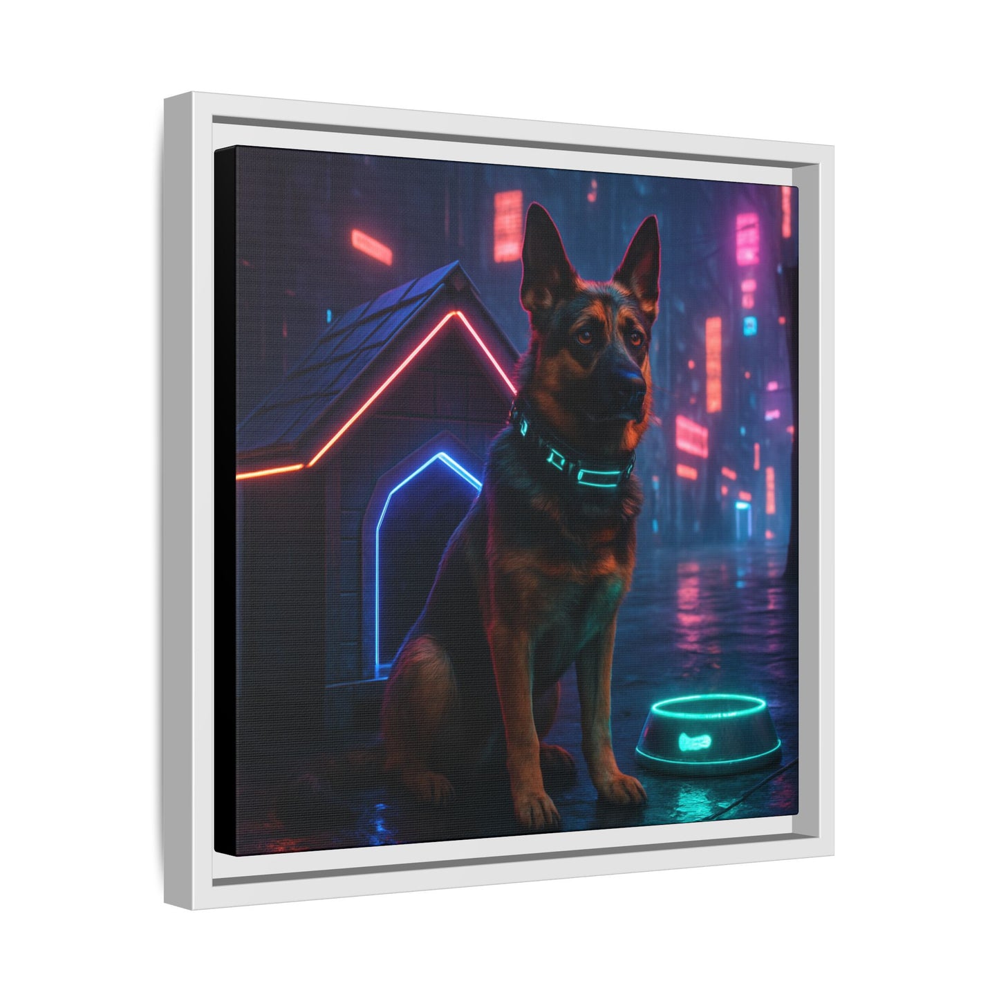 Neon City Dog Framed Matte Canvas