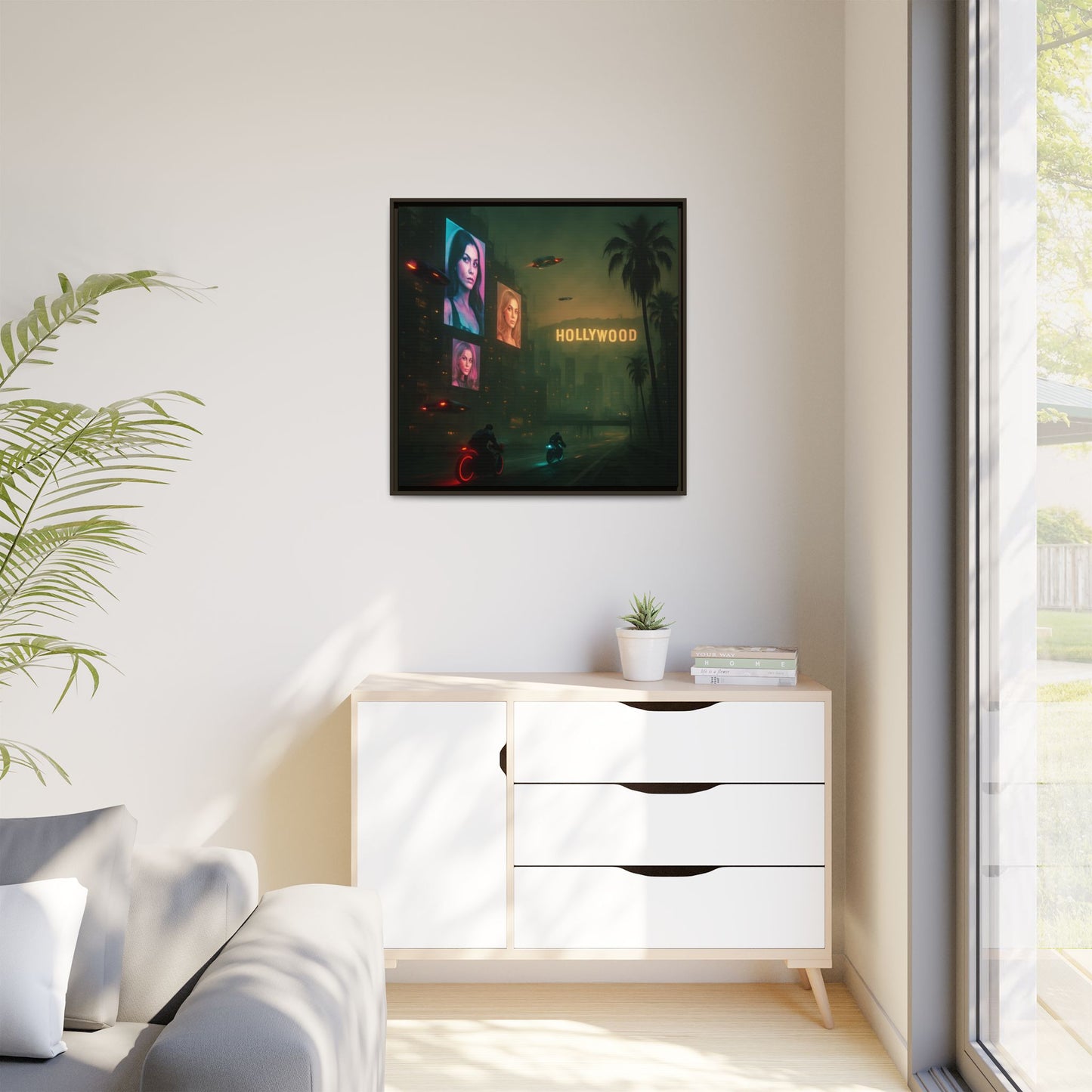 Neon Hollywood Nights Framed Matte Canvas