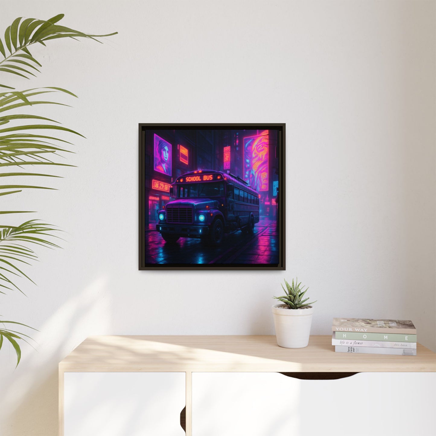 Neon School Bus City Framed Matte Canvas