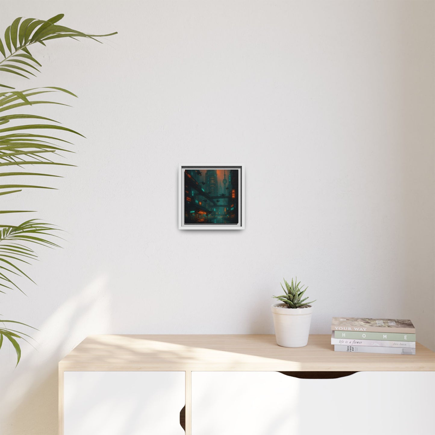 Neon Drone Cityscape Framed Matte Canvas