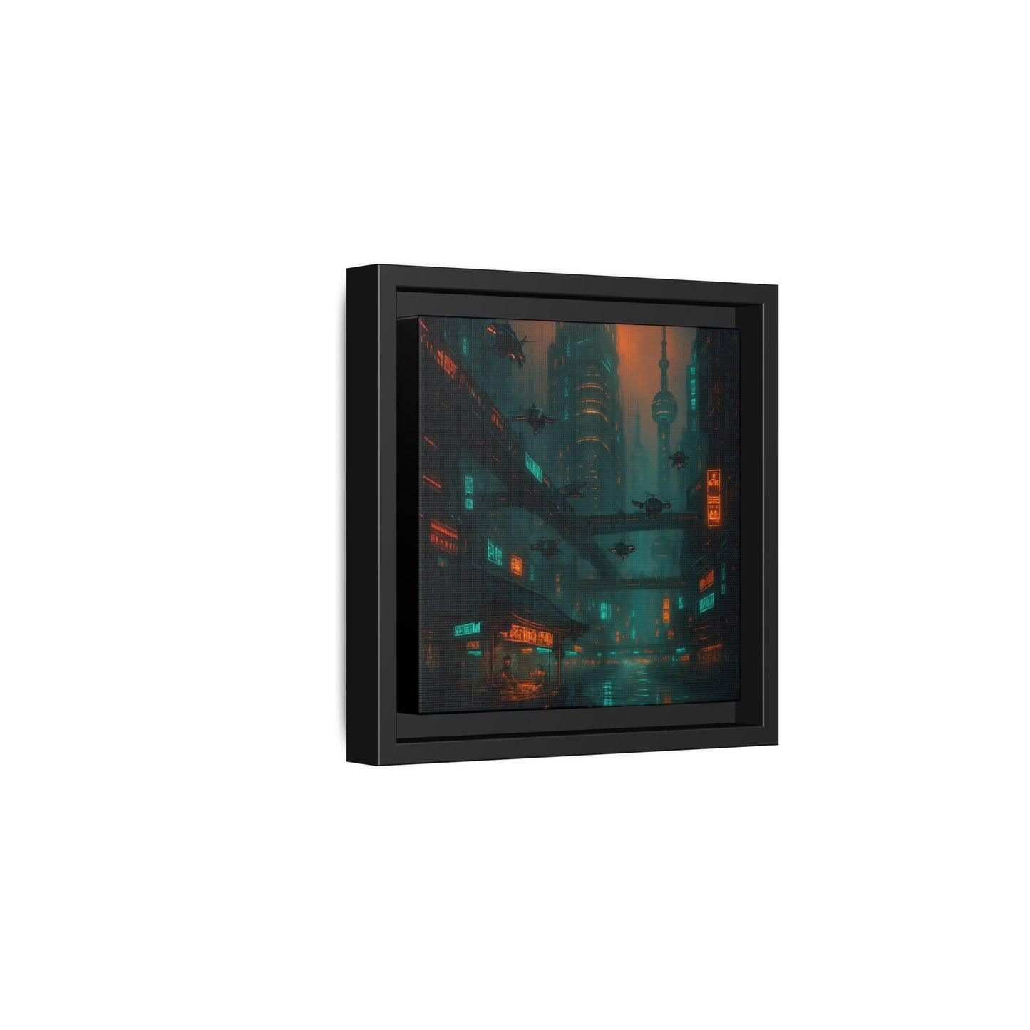 Neon Drone Cityscape Framed Matte Canvas