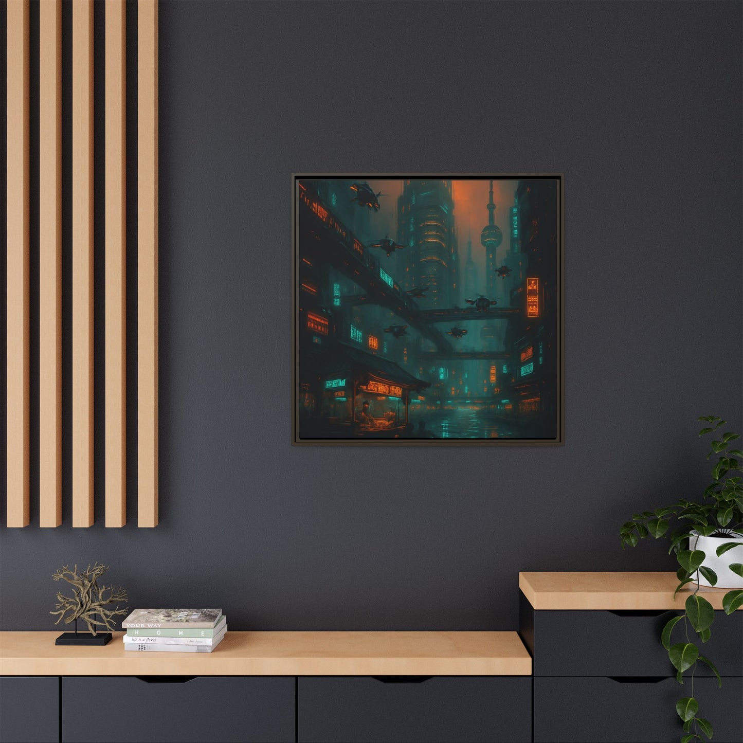 Neon Drone Cityscape Framed Matte Canvas
