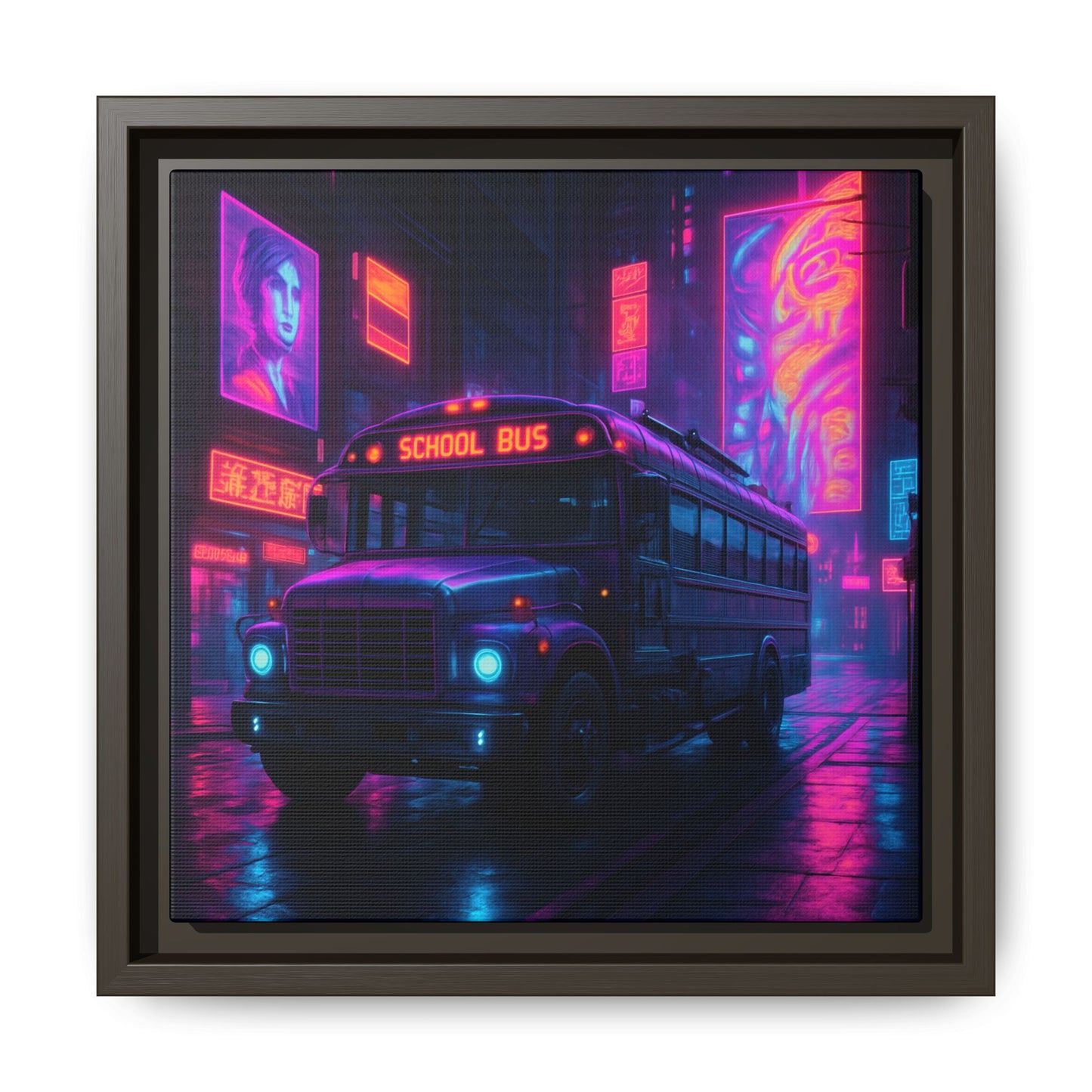 Neon School Bus City Framed Matte Canvas