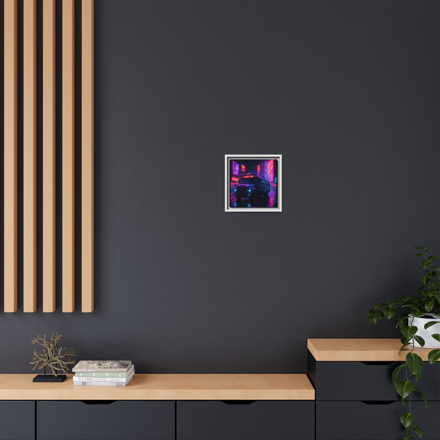 Neon School Bus City Framed Matte Canvas