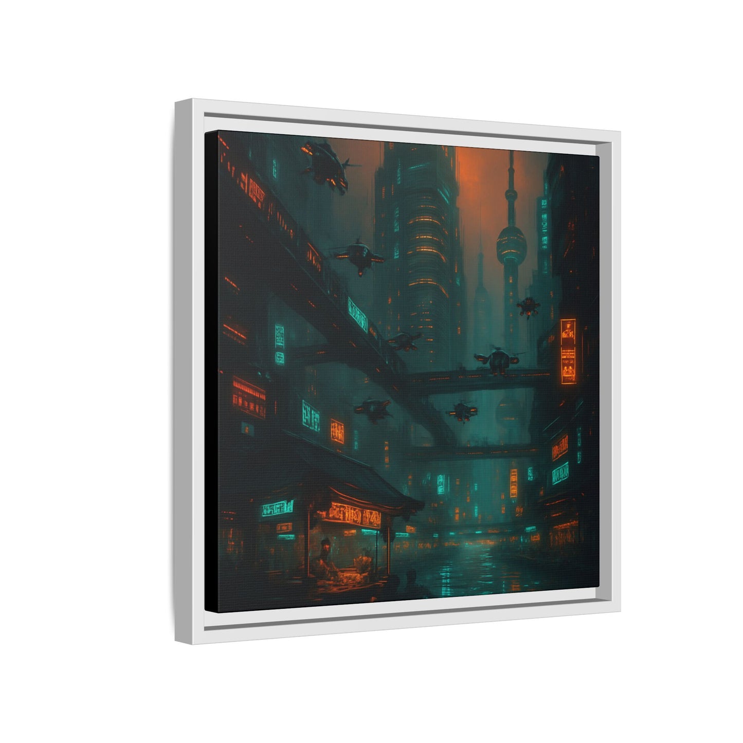 Neon Drone Cityscape Framed Matte Canvas
