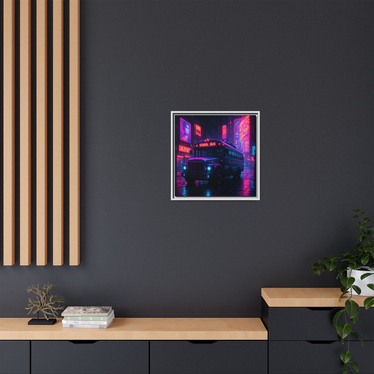 Neon School Bus City Framed Matte Canvas