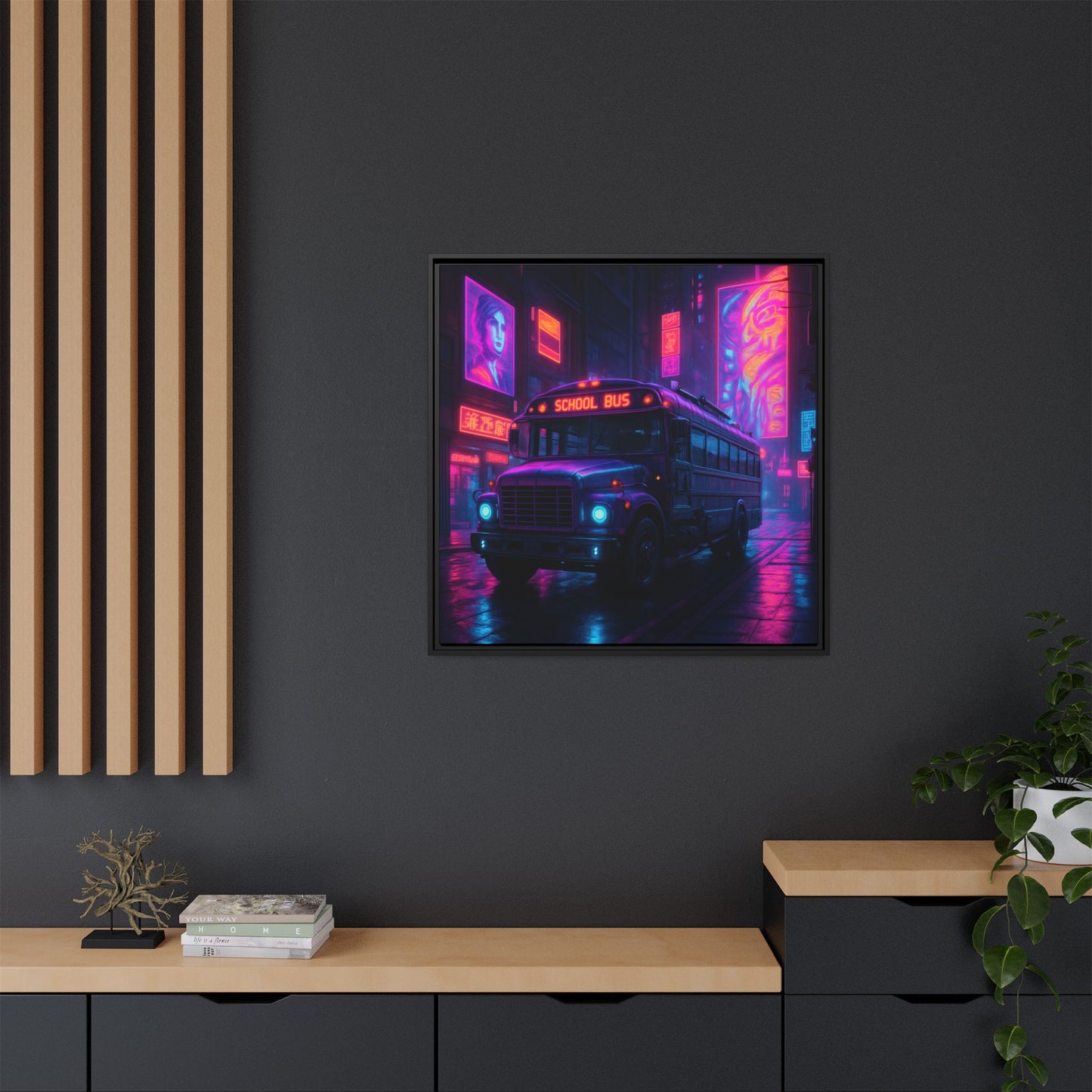 Neon School Bus City Framed Matte Canvas