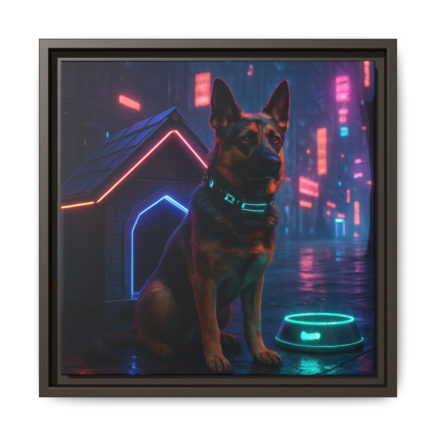 Neon City Dog Framed Matte Canvas