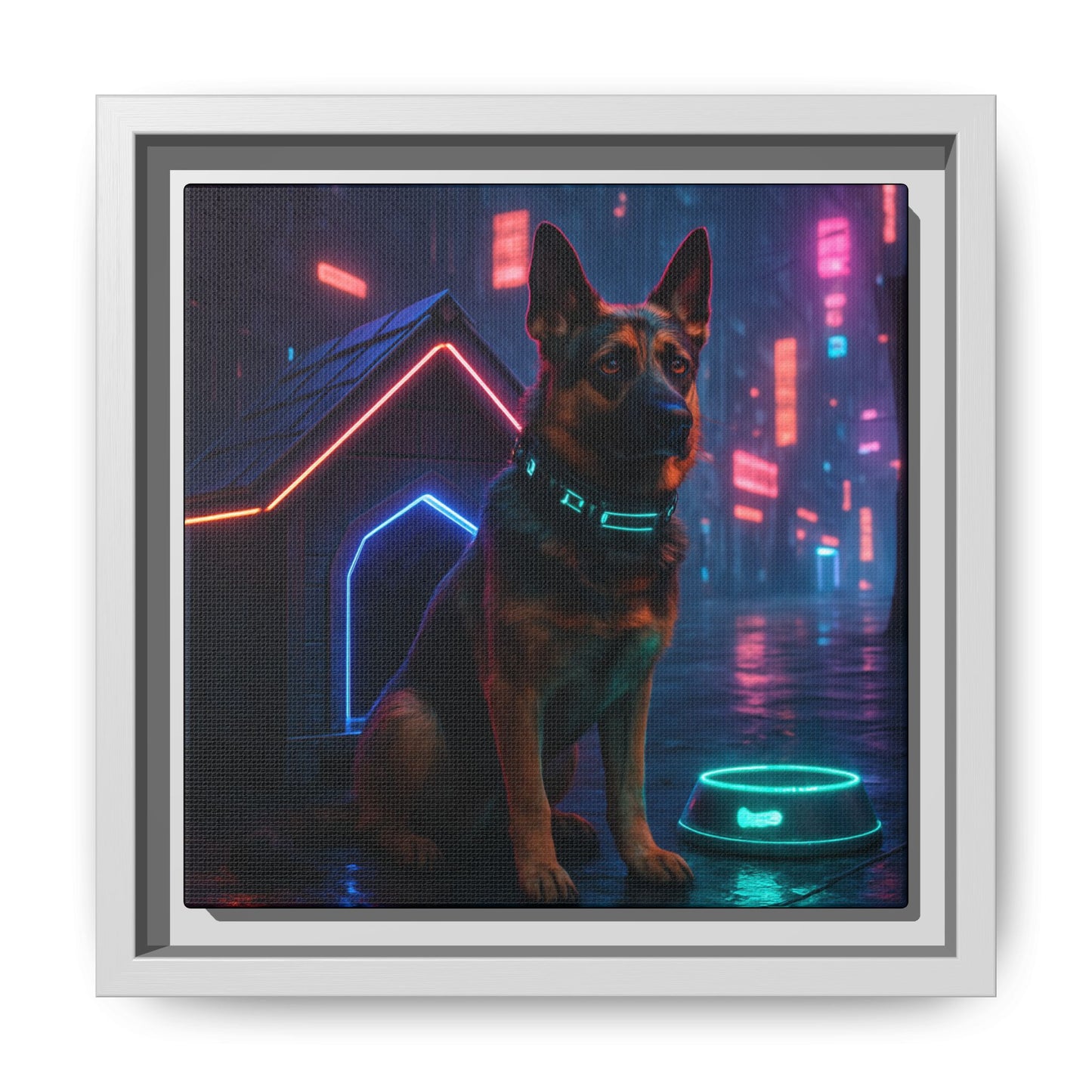 Neon City Dog Framed Matte Canvas
