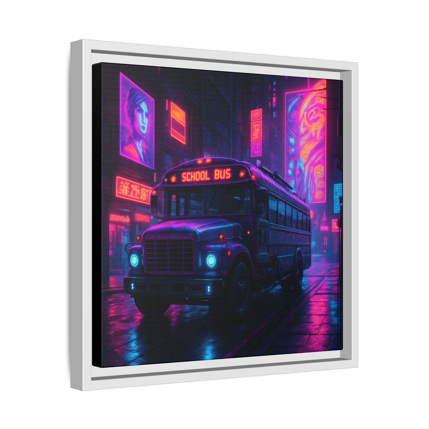 Neon School Bus City Framed Matte Canvas