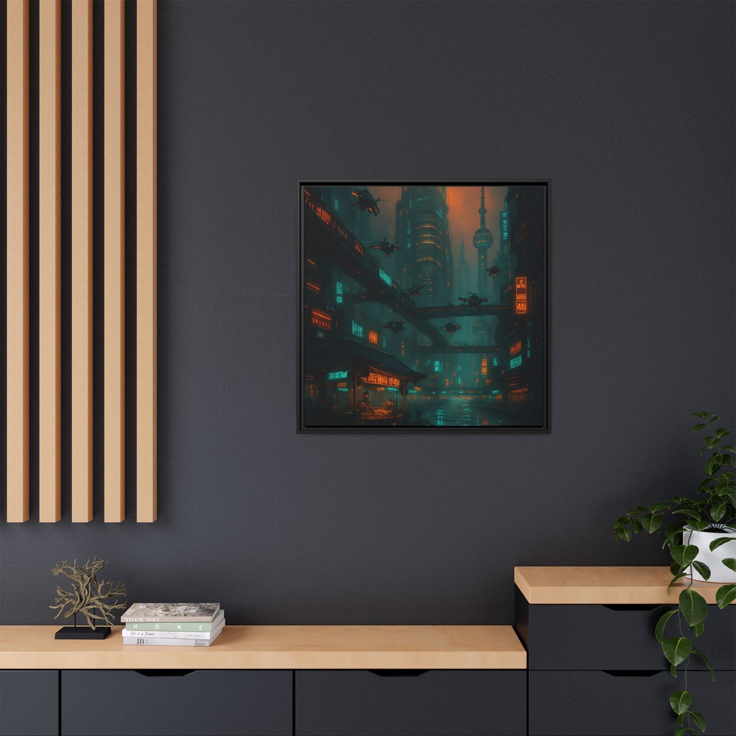 Neon Drone Cityscape Framed Matte Canvas