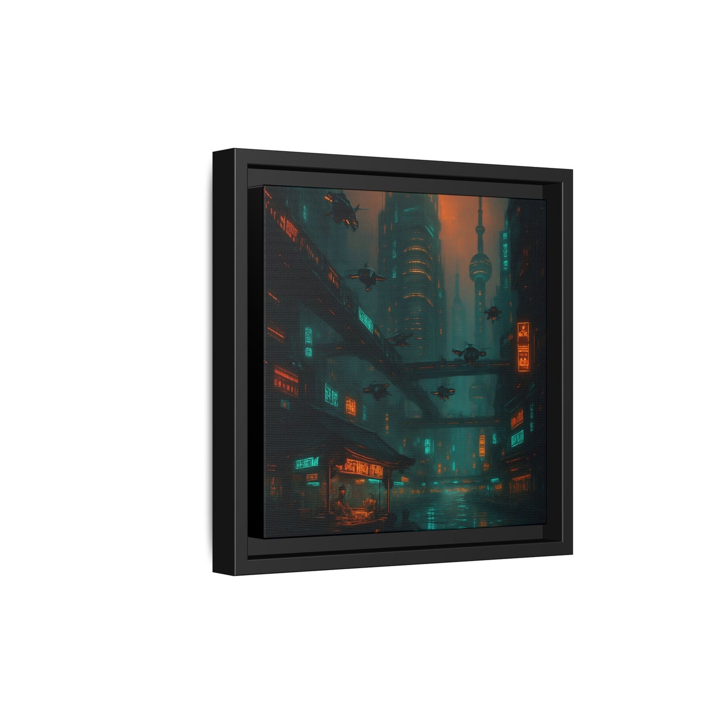 Neon Drone Cityscape Framed Matte Canvas