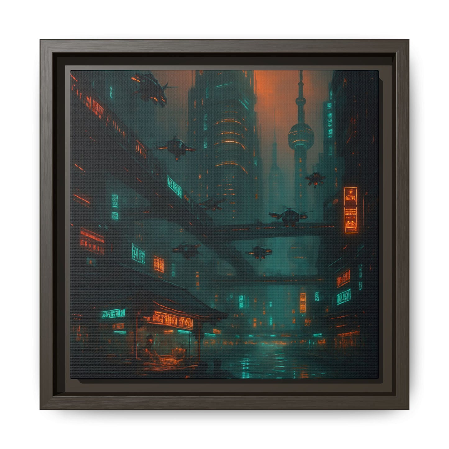 Neon Drone Cityscape Framed Matte Canvas