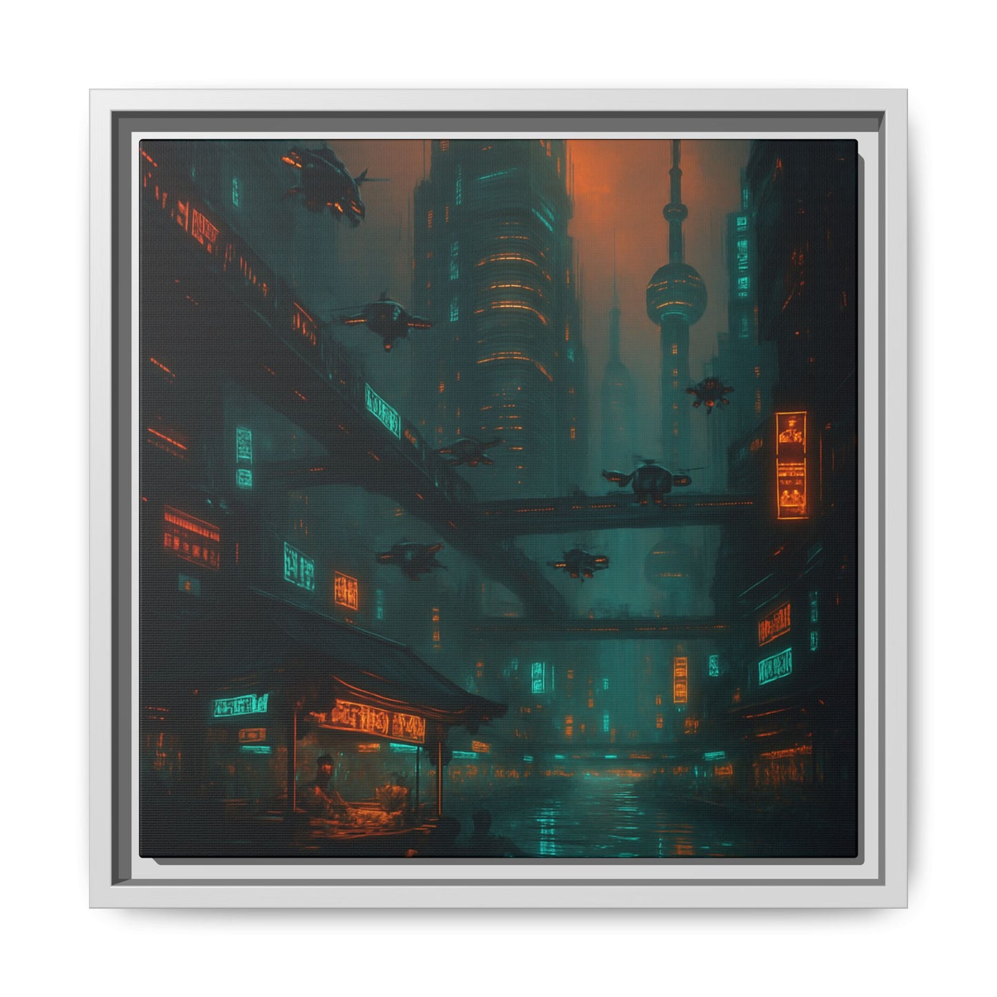 Neon Drone Cityscape Framed Matte Canvas