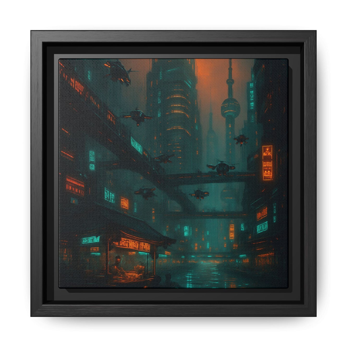 Neon Drone Cityscape Framed Matte Canvas