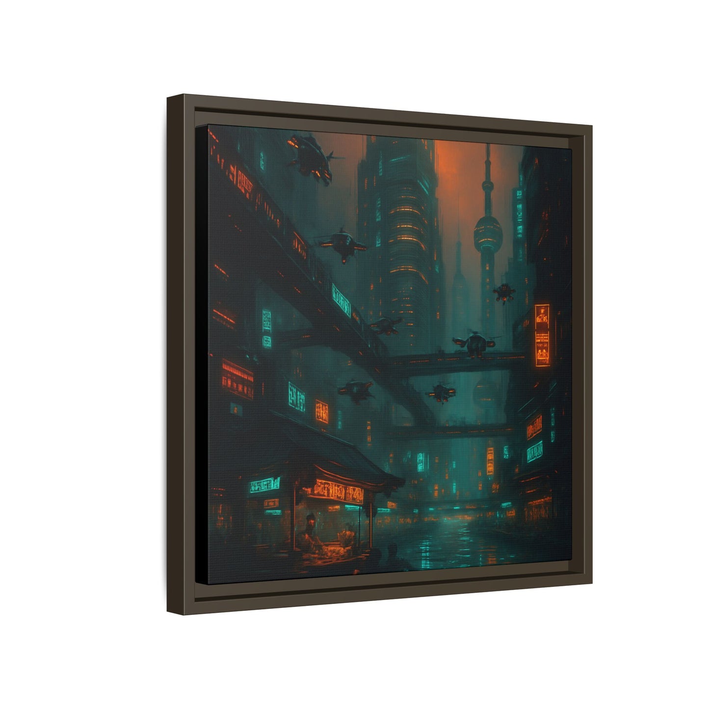 Neon Drone Cityscape Framed Matte Canvas