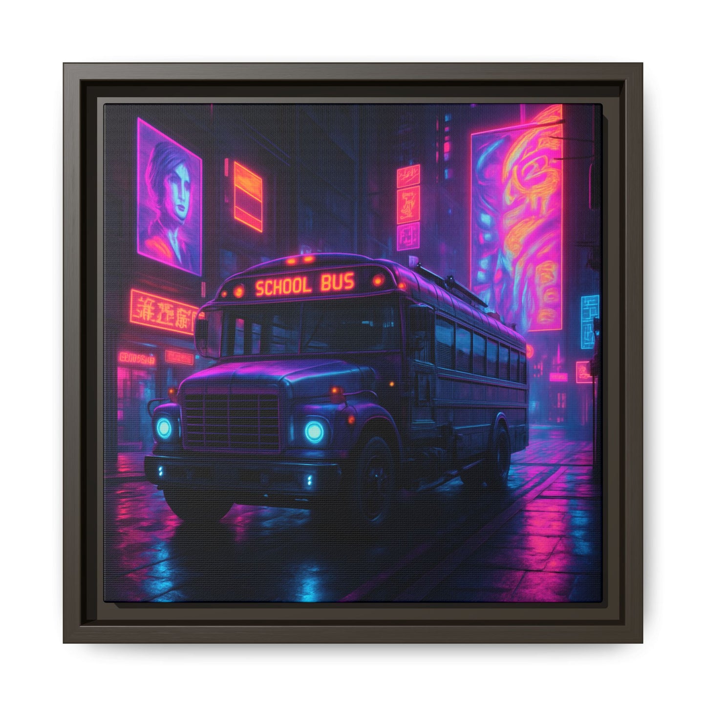 Neon School Bus City Framed Matte Canvas