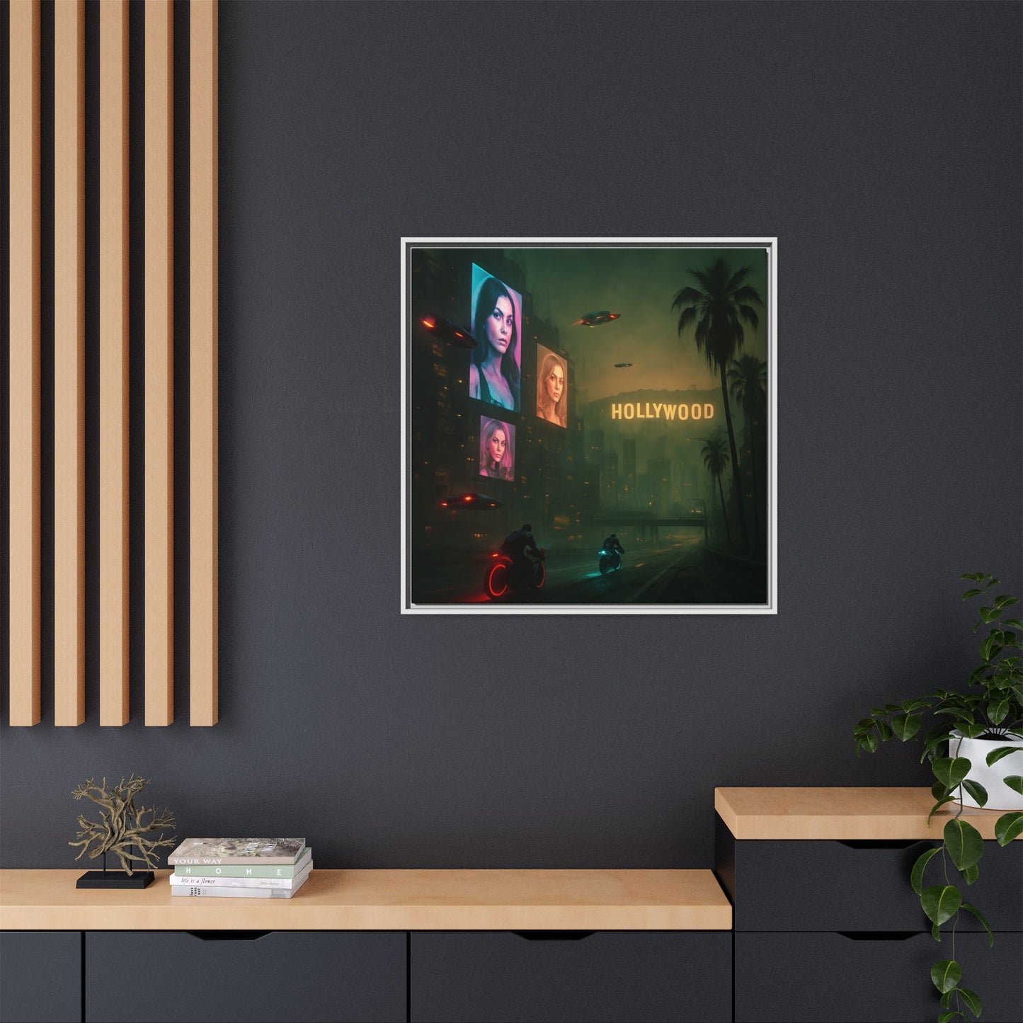 Neon Hollywood Nights Framed Matte Canvas