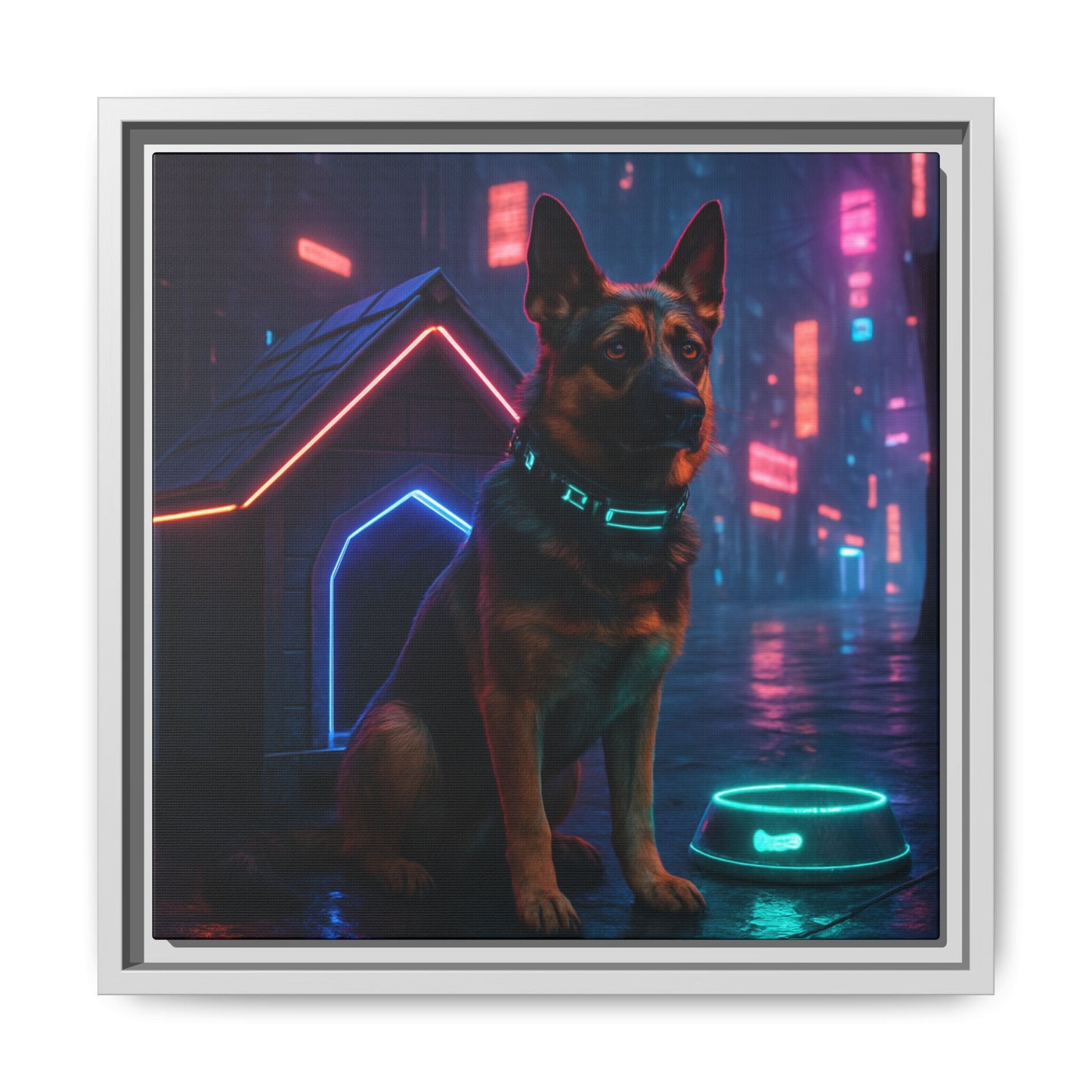 Neon City Dog Framed Matte Canvas