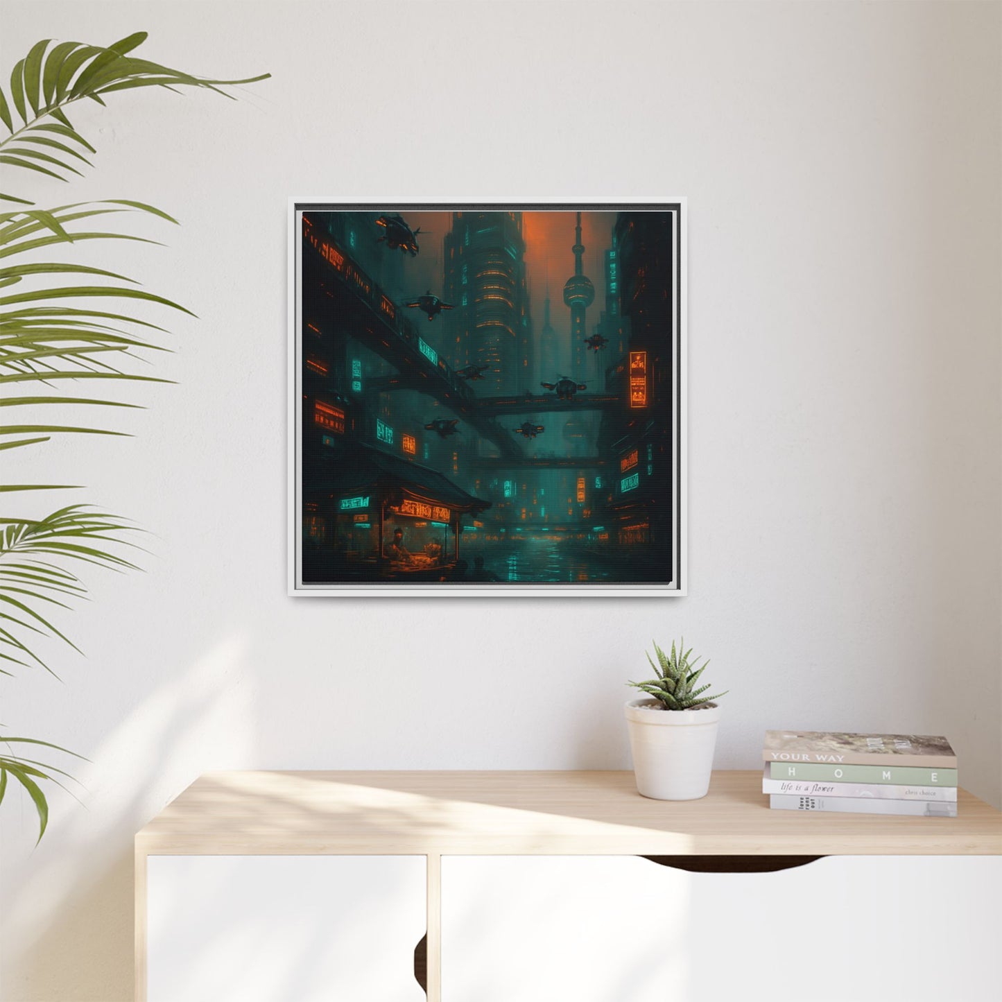 Neon Drone Cityscape Framed Matte Canvas