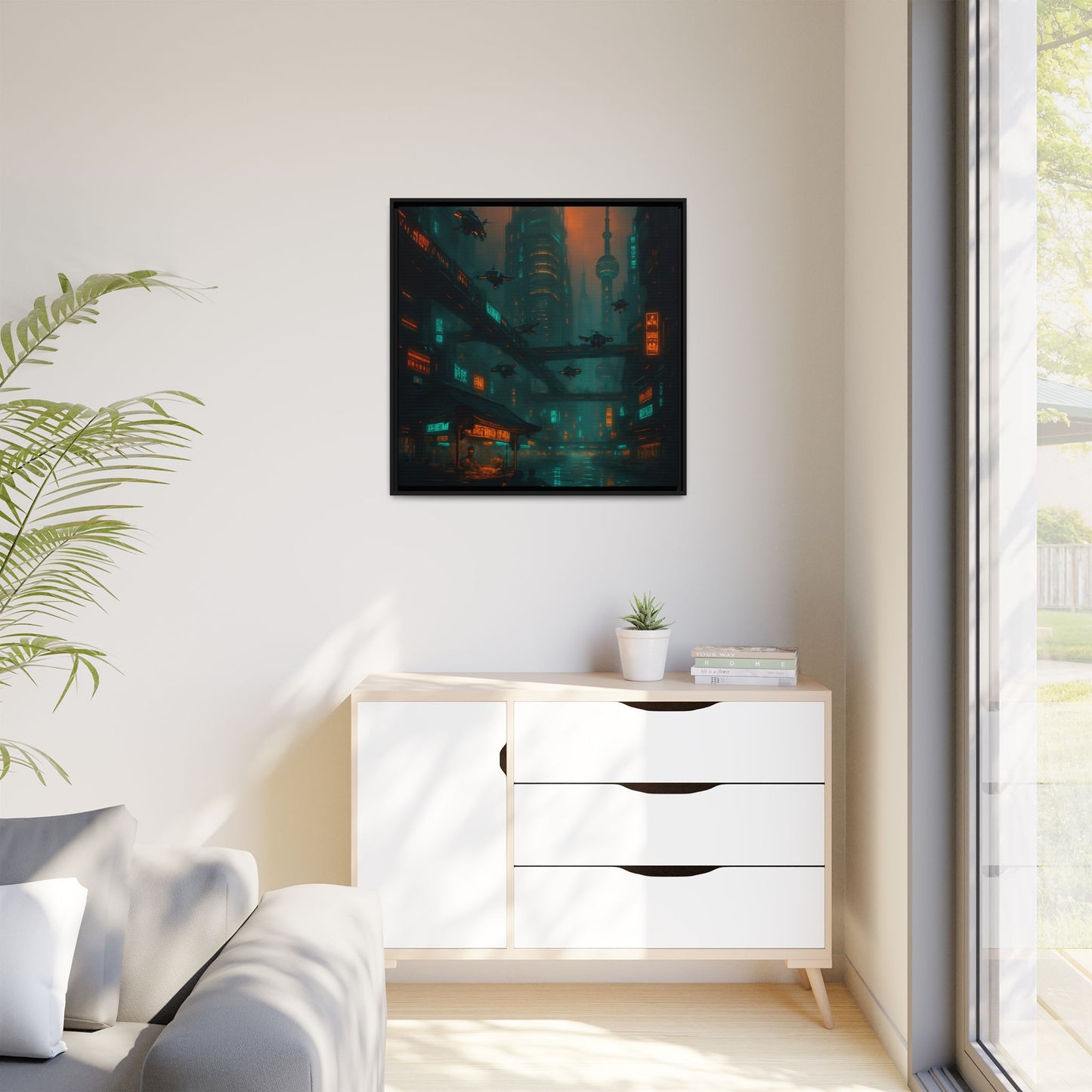 Neon Drone Cityscape Framed Matte Canvas