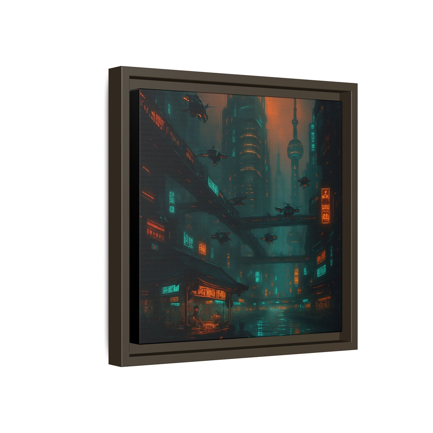 Neon Drone Cityscape Framed Matte Canvas