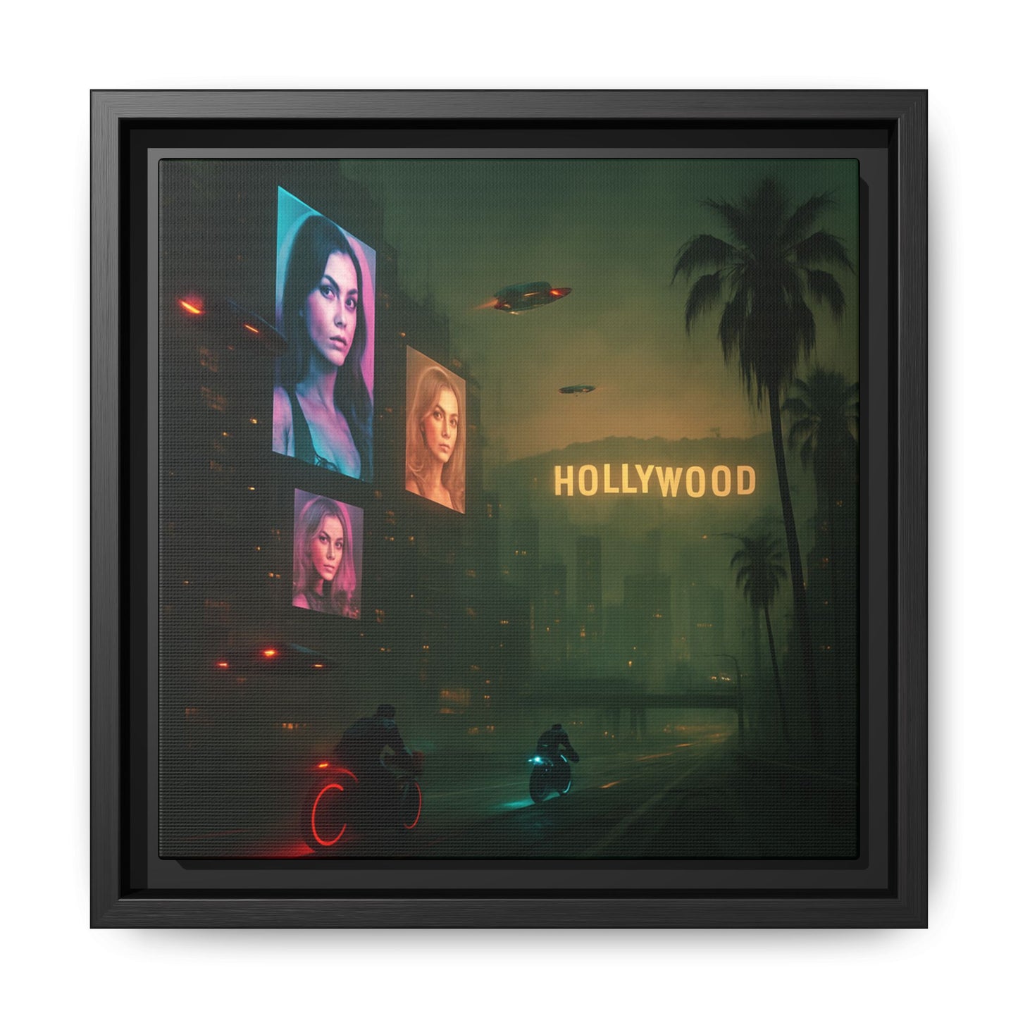 Neon Hollywood Nights Framed Matte Canvas
