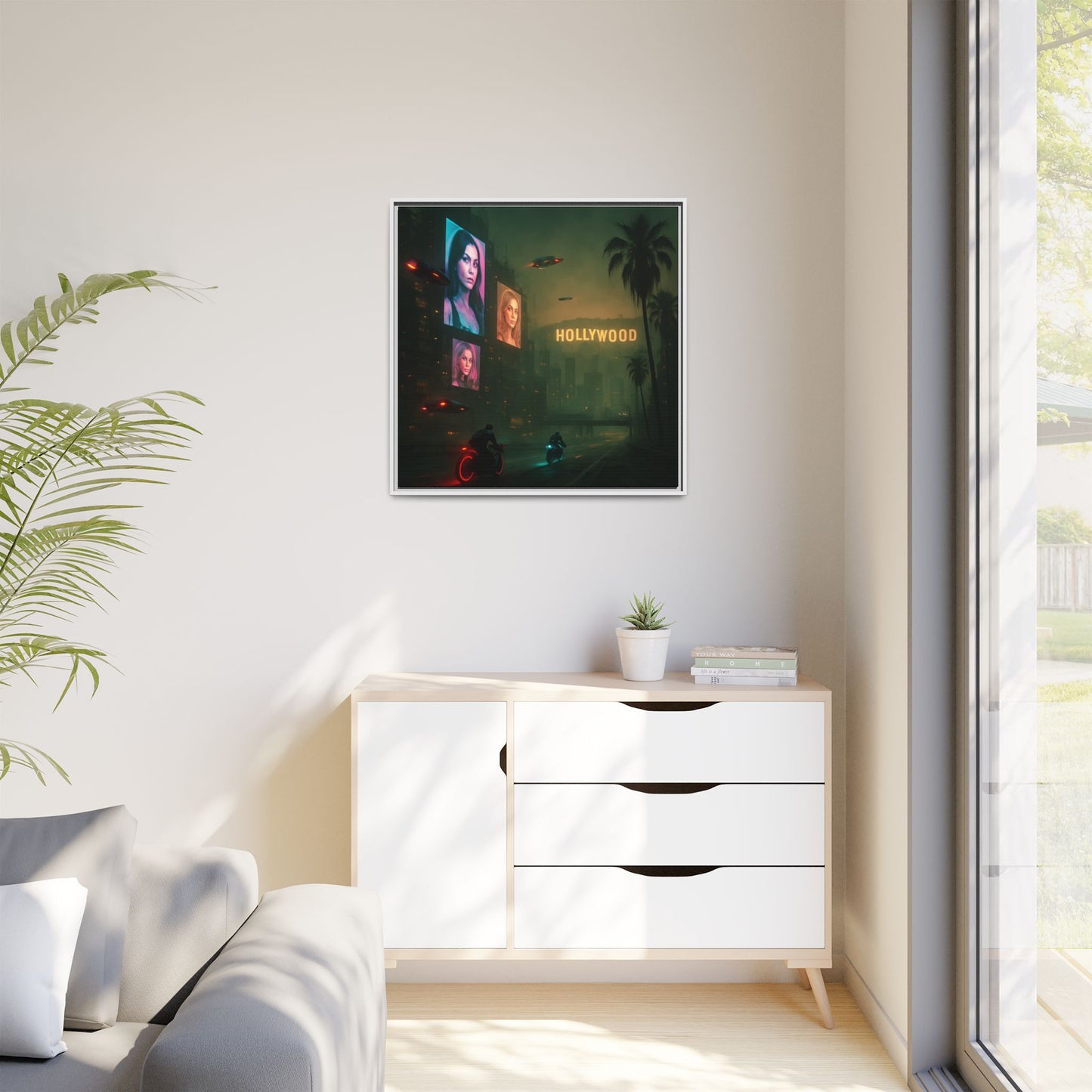 Neon Hollywood Nights Framed Matte Canvas