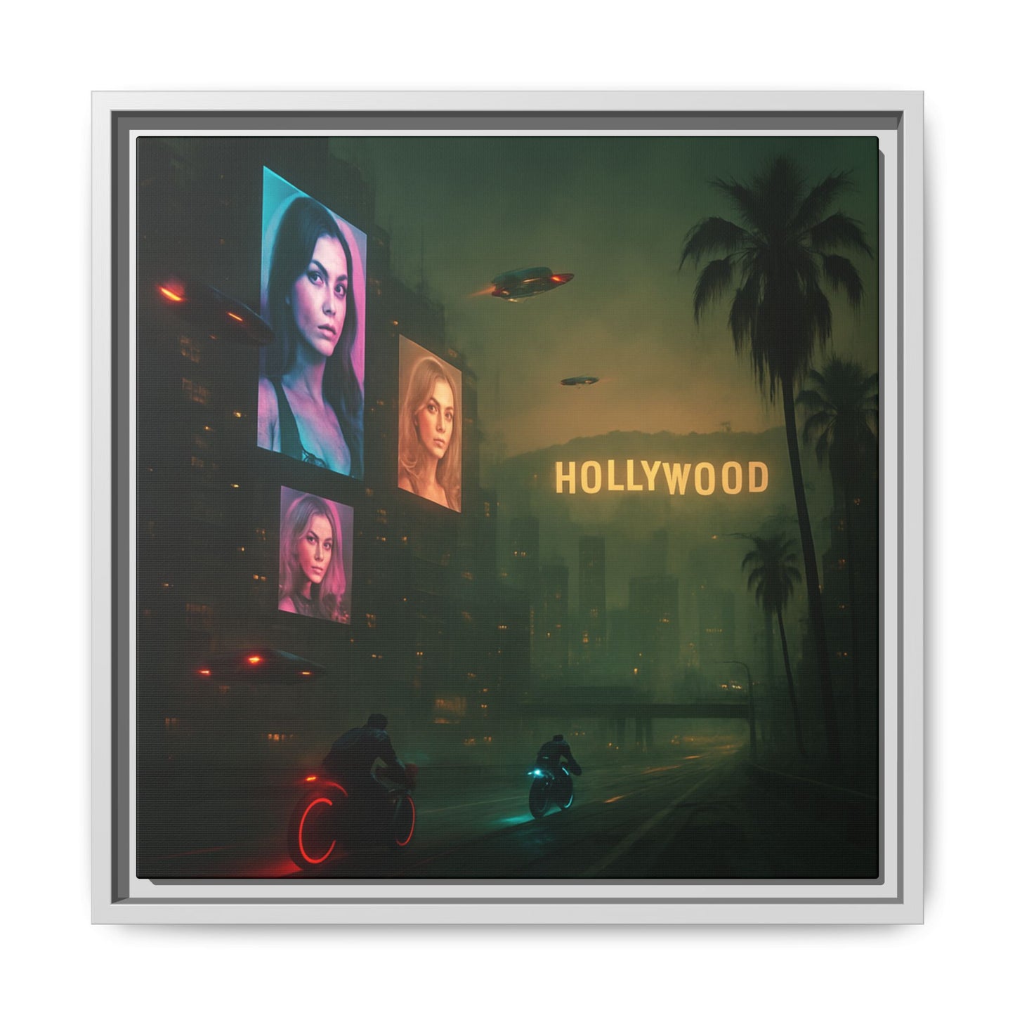 Neon Hollywood Nights Framed Matte Canvas
