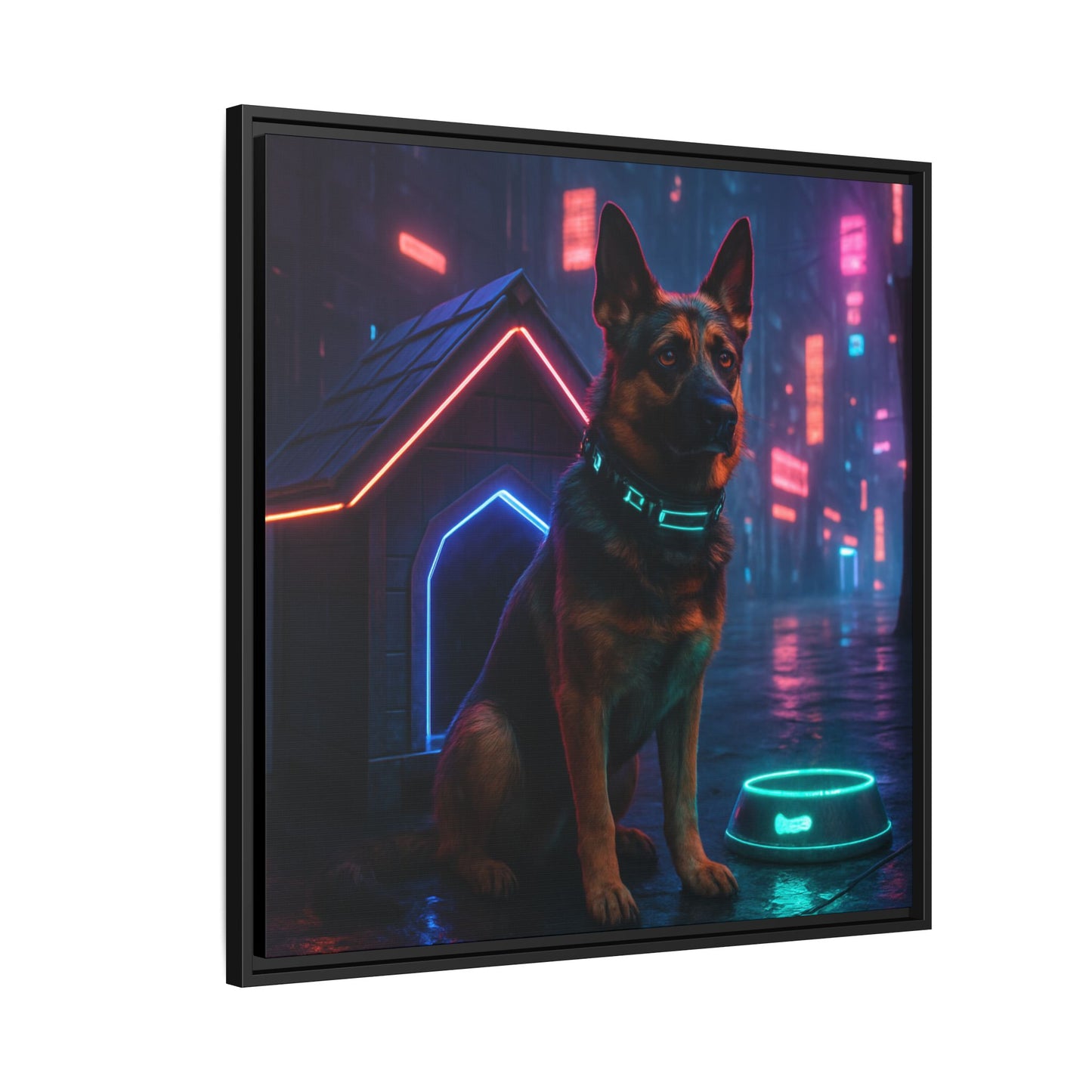 Neon City Dog Framed Matte Canvas