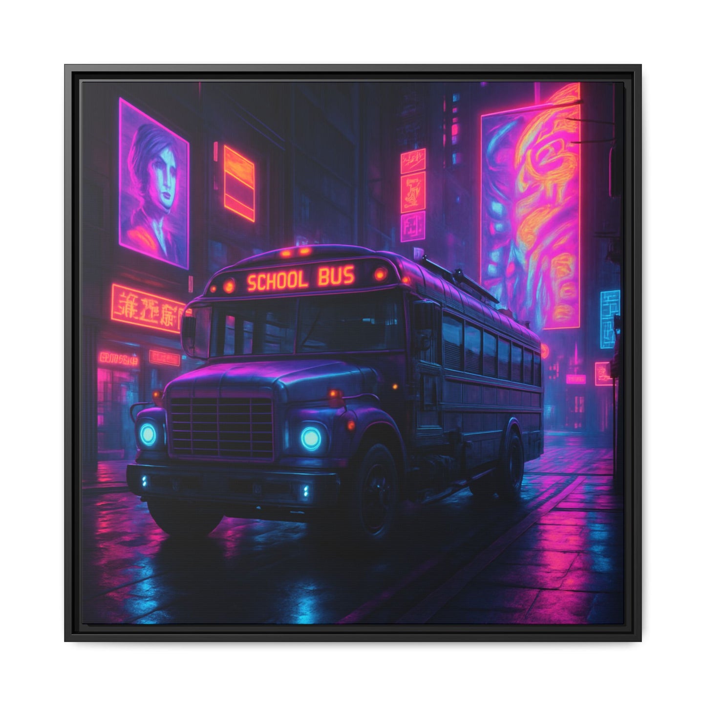 Neon School Bus City Framed Matte Canvas
