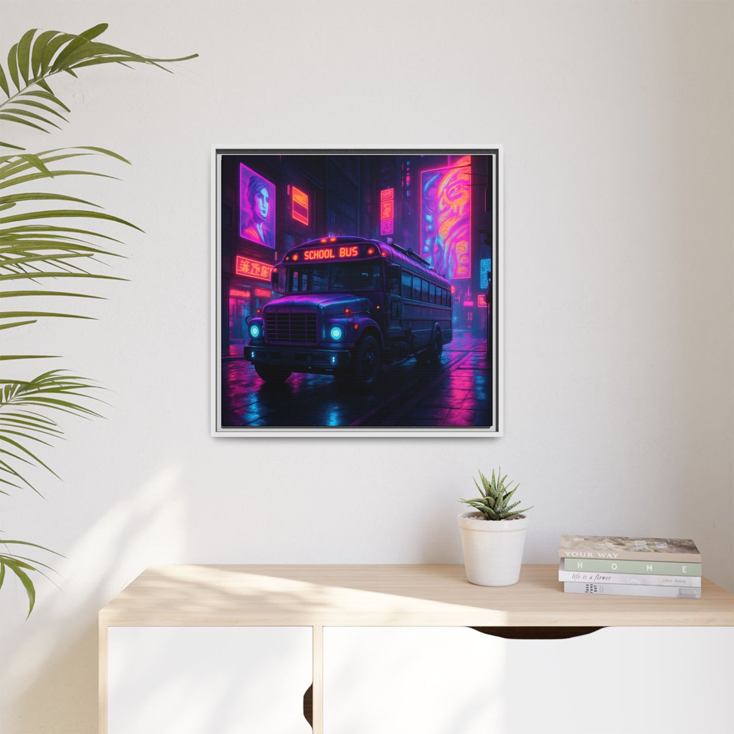 Neon School Bus City Framed Matte Canvas