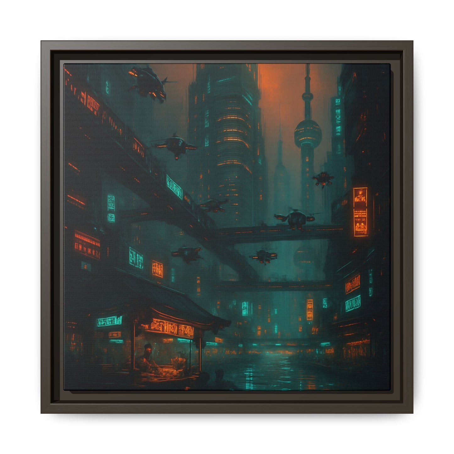 Neon Drone Cityscape Framed Matte Canvas