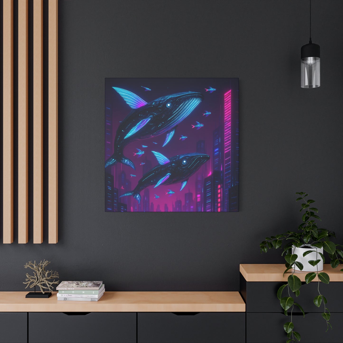 Neon Skyline Whales Matte Canvas