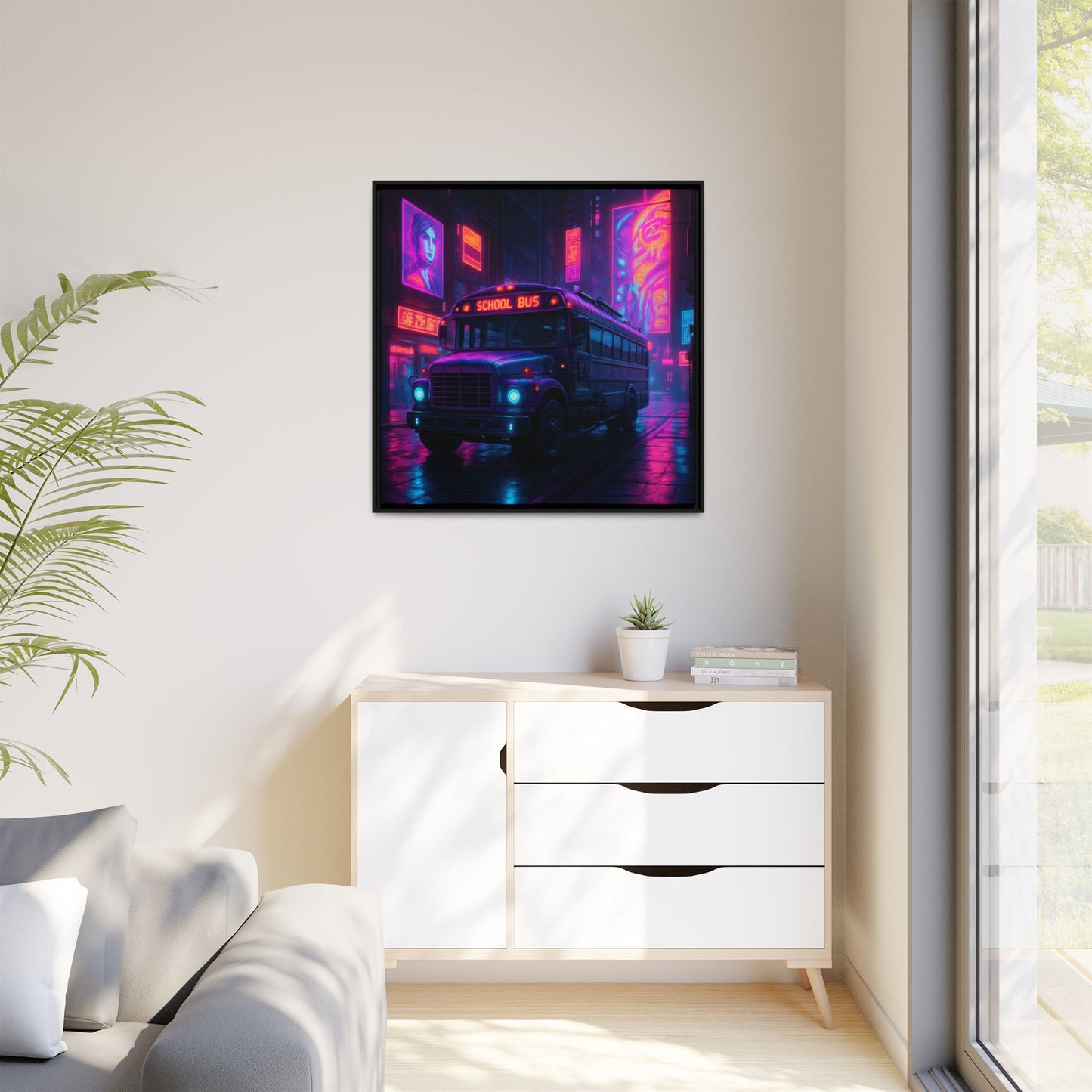 Neon School Bus City Framed Matte Canvas