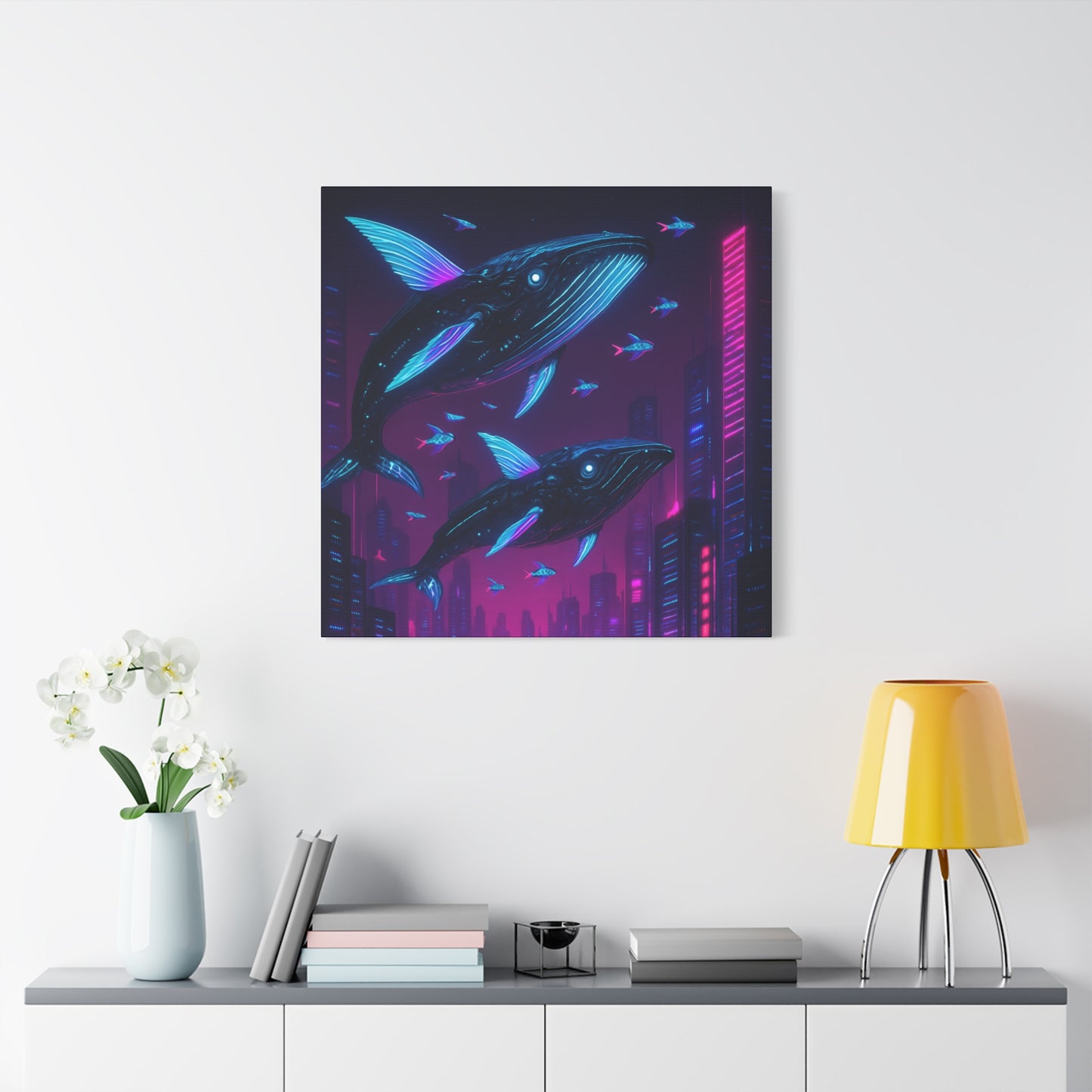 Neon Skyline Whales Matte Canvas