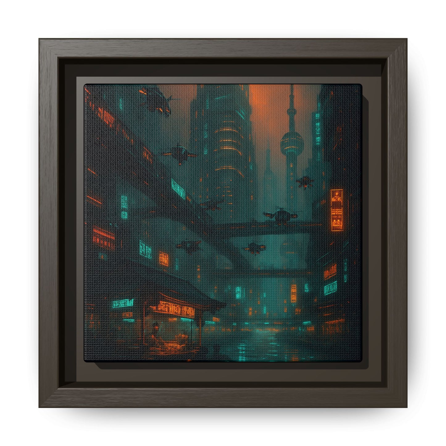 Neon Drone Cityscape Framed Matte Canvas