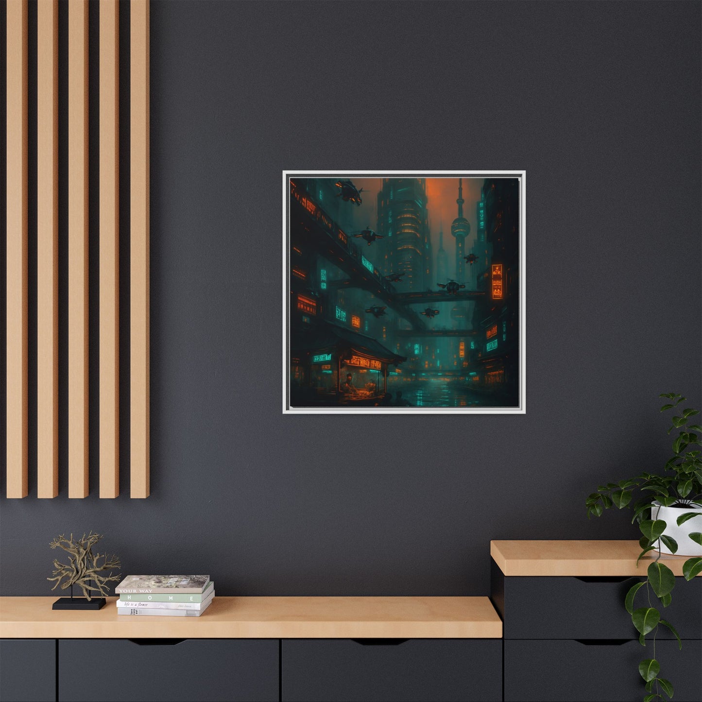 Neon Drone Cityscape Framed Matte Canvas