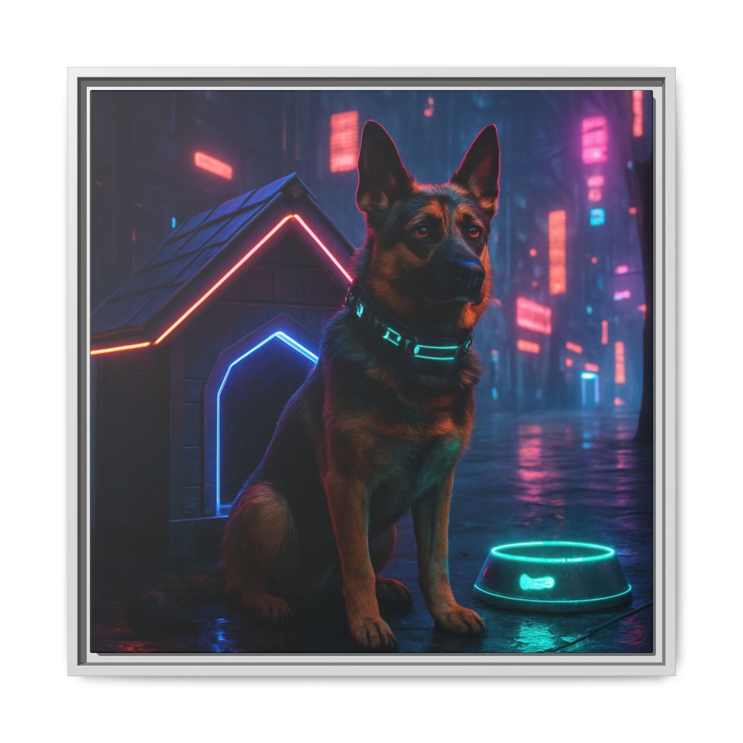 Neon City Dog Framed Matte Canvas