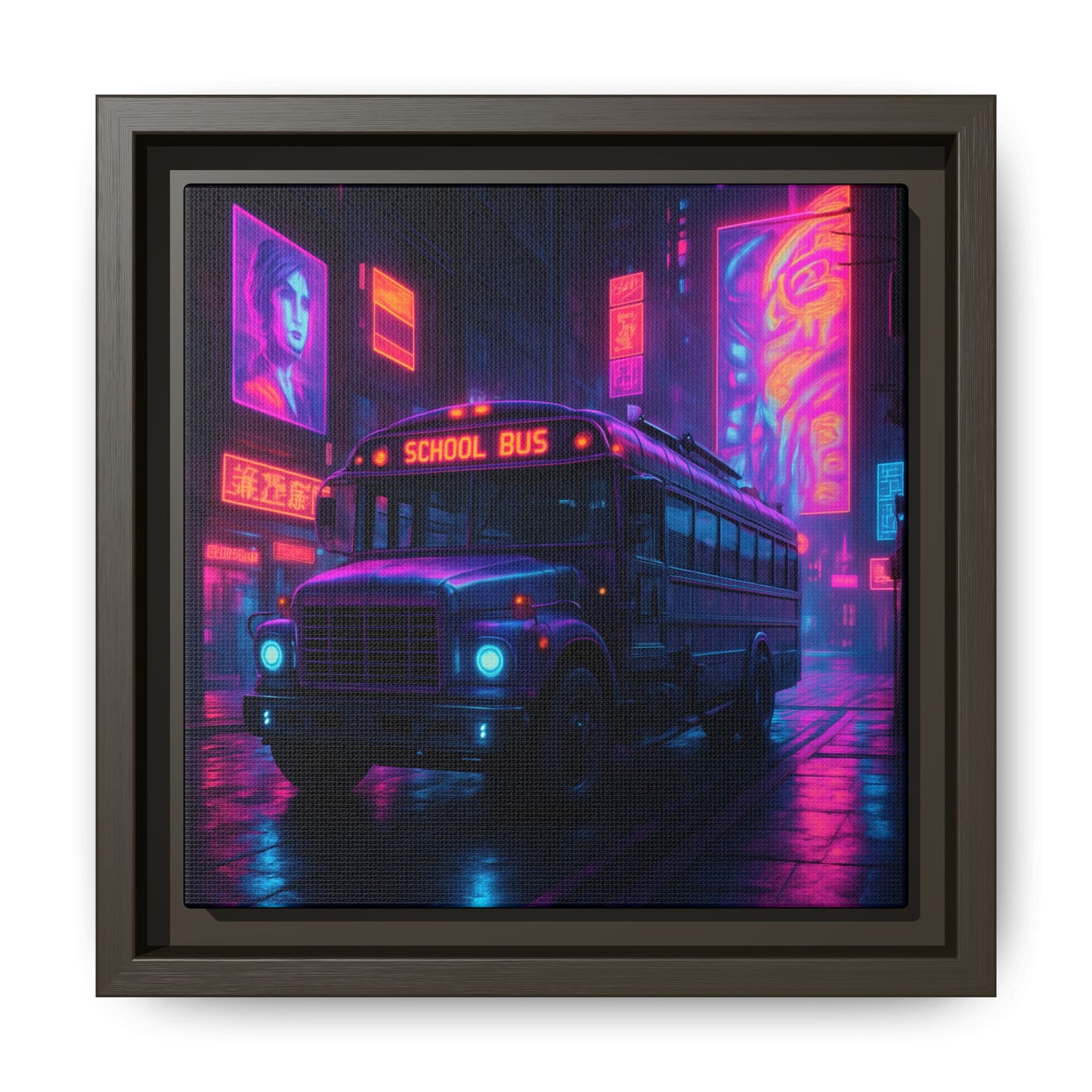 Neon School Bus City Framed Matte Canvas