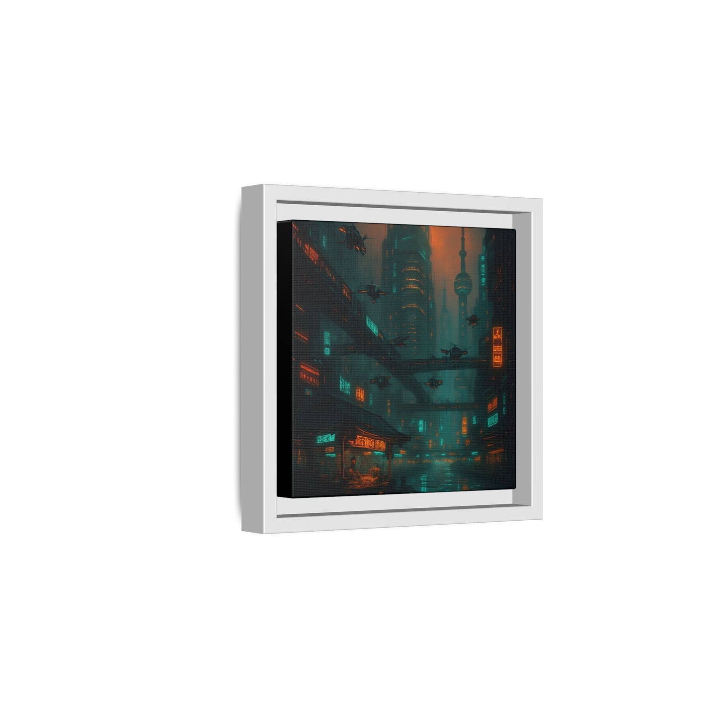 Neon Drone Cityscape Framed Matte Canvas