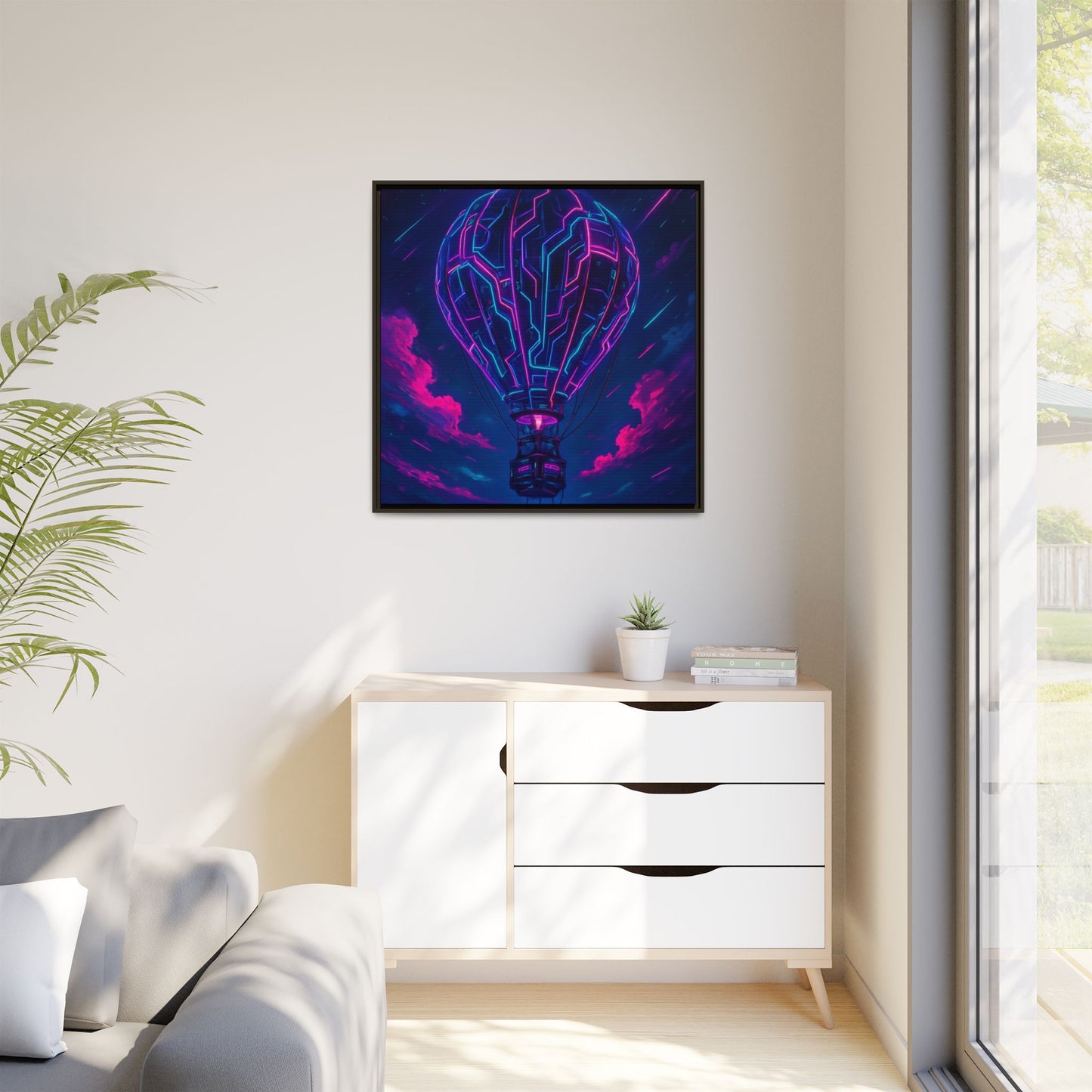 Neon Circuit Balloon Framed Matte Canvas