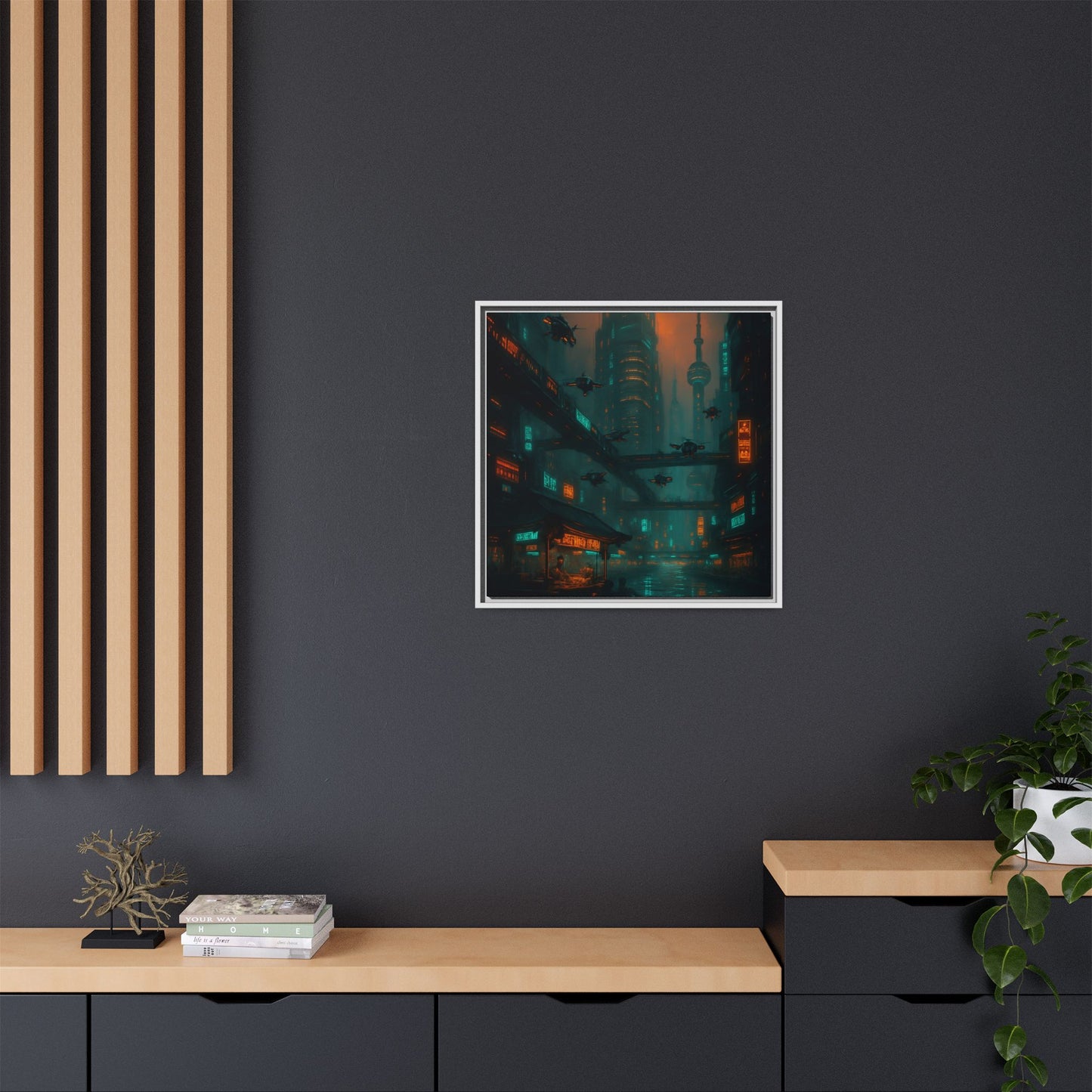 Neon Drone Cityscape Framed Matte Canvas