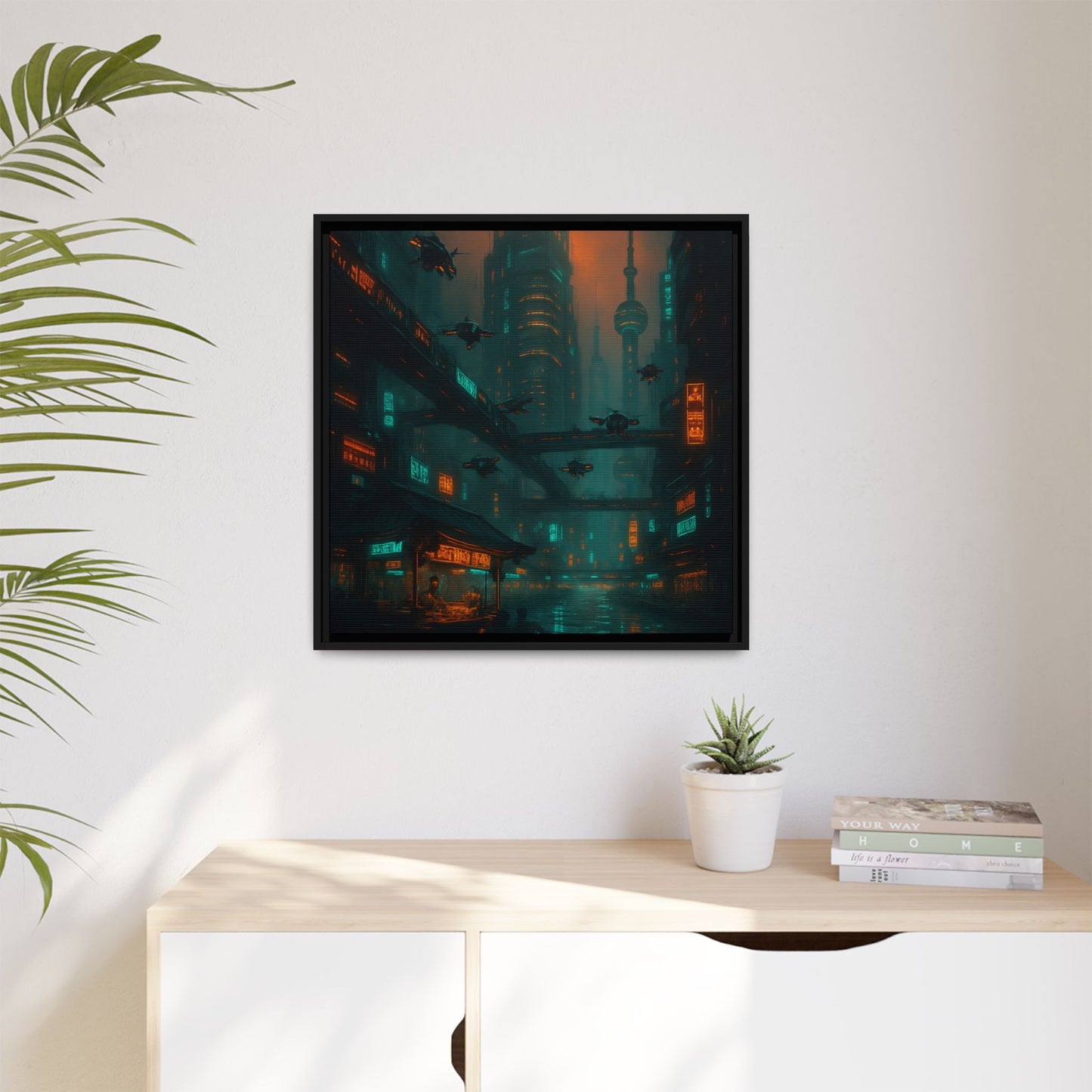 Neon Drone Cityscape Framed Matte Canvas